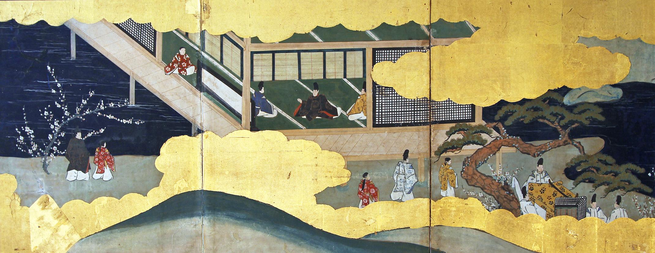 Dieser japanische Byobu-Schirm mit sechs Paneelen, der für Teezeremonien verwendet wird, hat eine einzigartige Größe und zeigt Szenen aus dem japanischen Literaturklassiker 