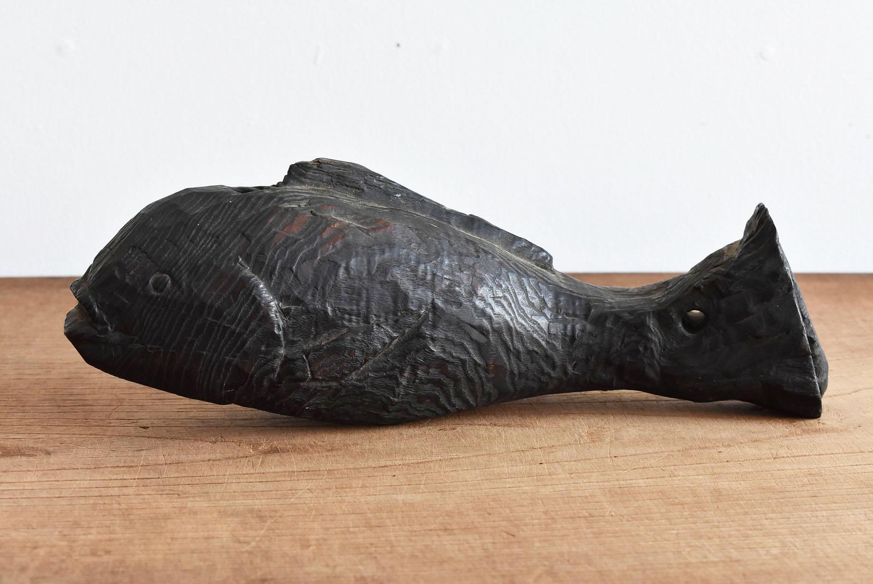 Asian Japanese Folk Art / Antique Wooden Carp / Hearth Tools / Wooden Sculpture Object For Sale