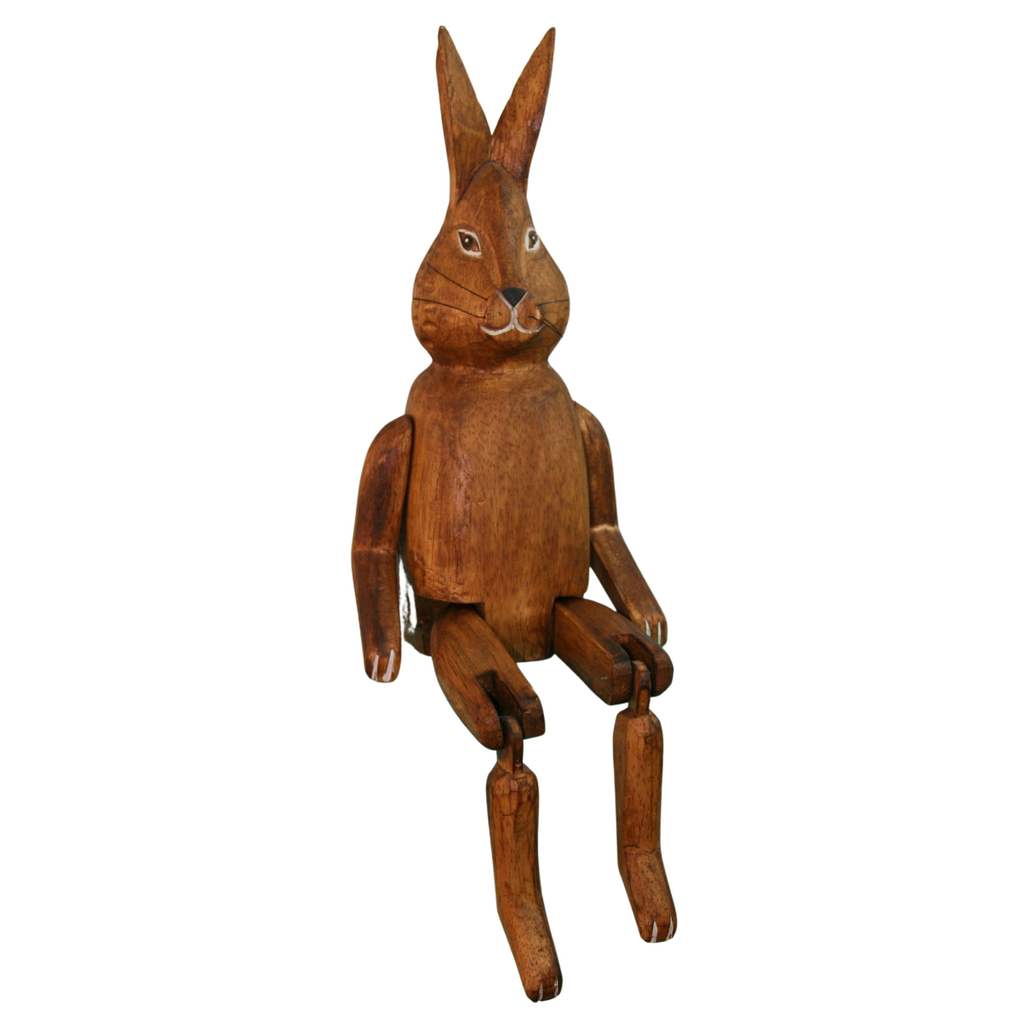 Japanese Folk Art Articulating Hand Carved Wood Rabbit
