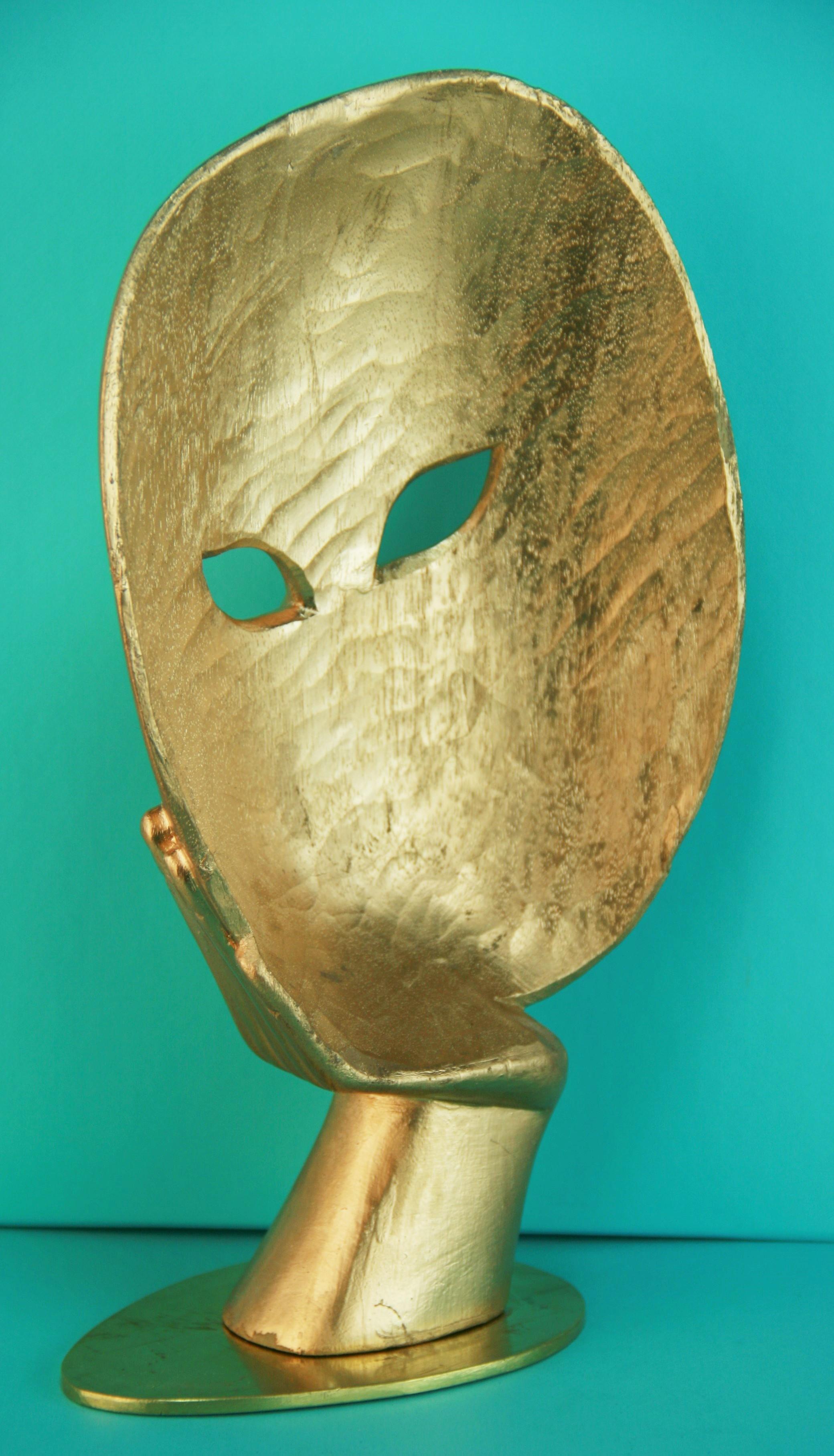 Japanese Folk Art Carved Gilt Wood Theater Facial Mask on Brass Base For Sale 2