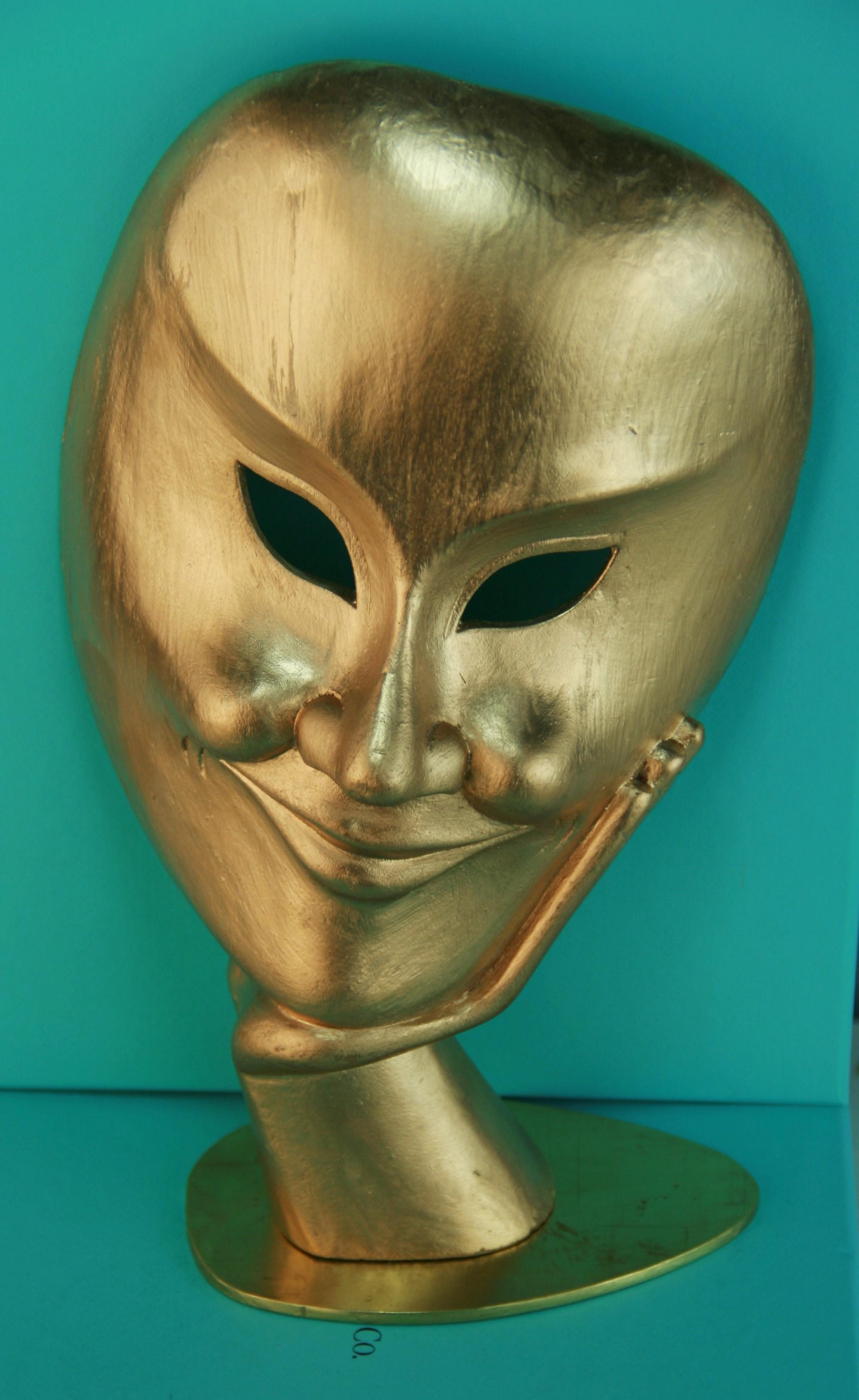 Japanese Folk Art Carved Gilt Wood Theater Facial Mask on Brass Base For Sale 3