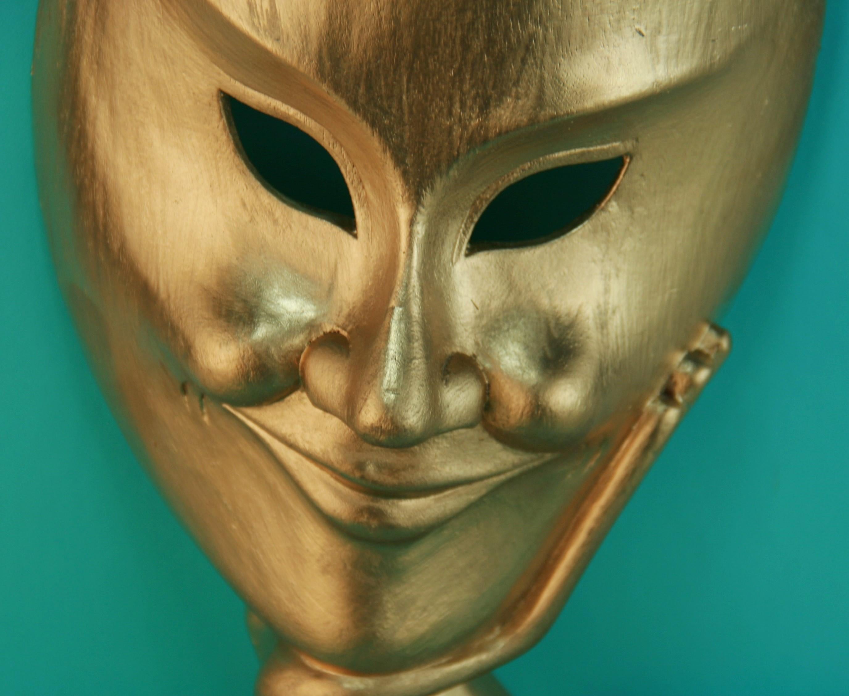 Japanese Folk Art Carved Gilt Wood Theater Facial Mask on Brass Base For Sale 4