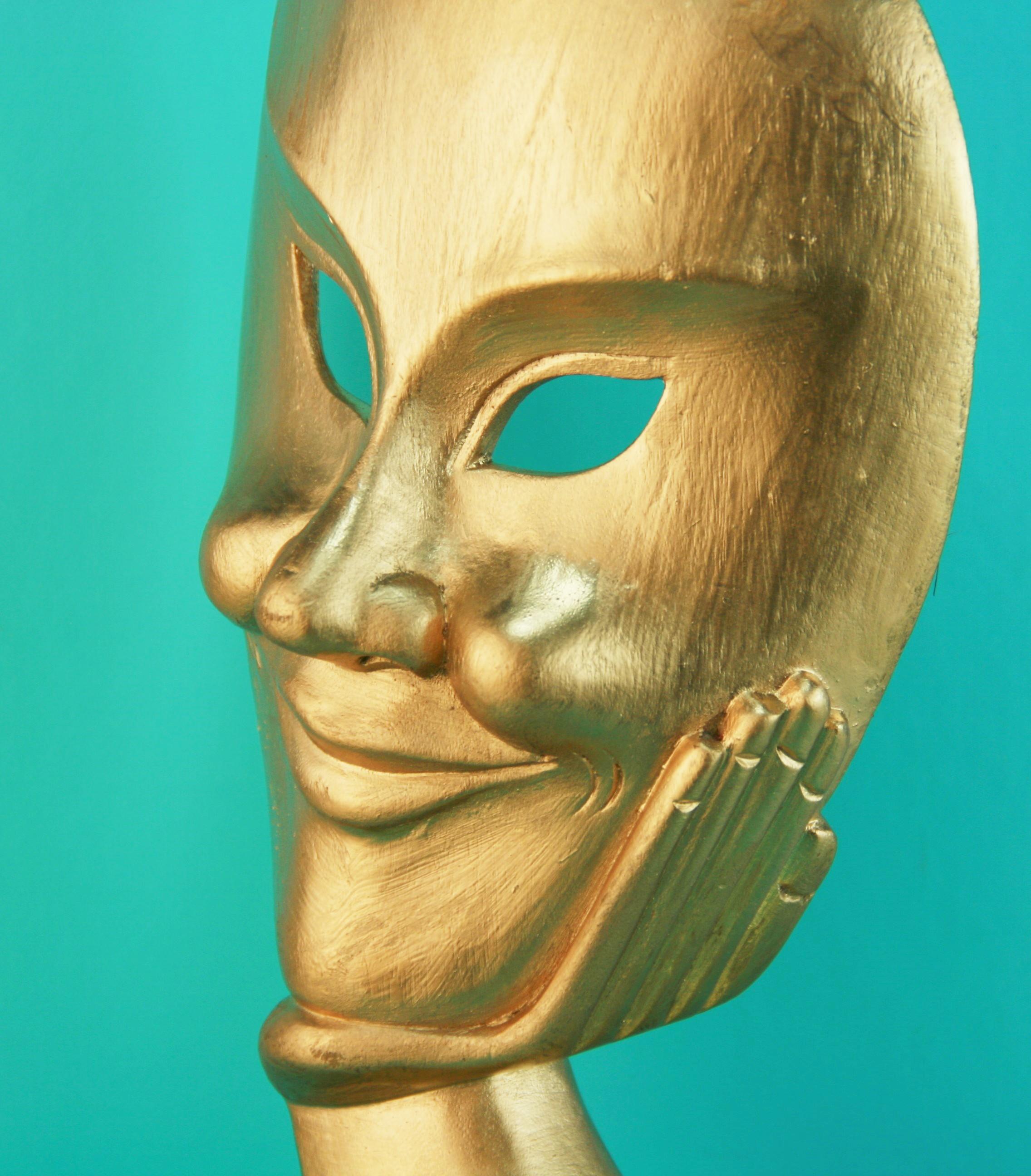 Mid-20th Century Japanese Folk Art Carved Gilt Wood Theater Facial Mask on Brass Base For Sale