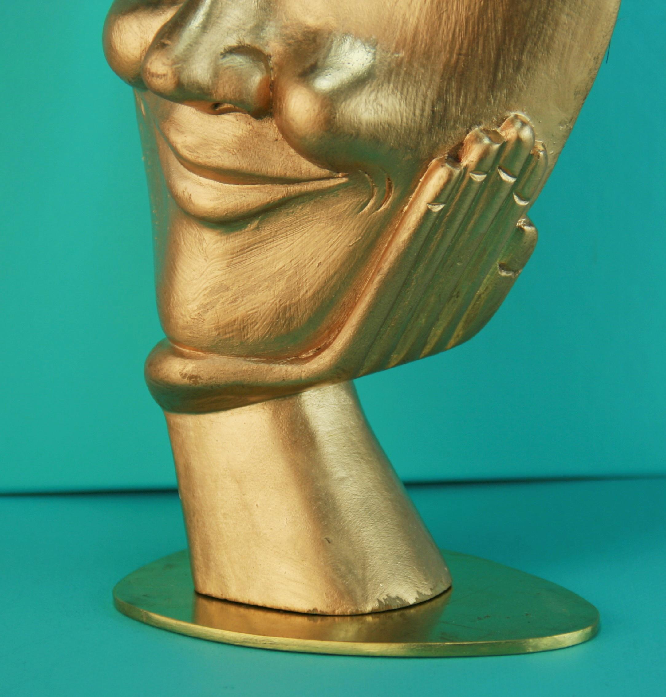 Japanese Folk Art Carved Gilt Wood Theater Facial Mask on Brass Base For Sale 1