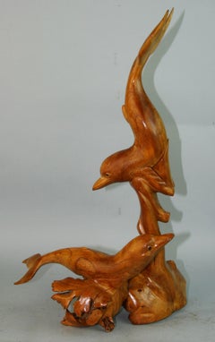Japanese Folk Art Tree Root Hand Carved Dolphin Sculpture