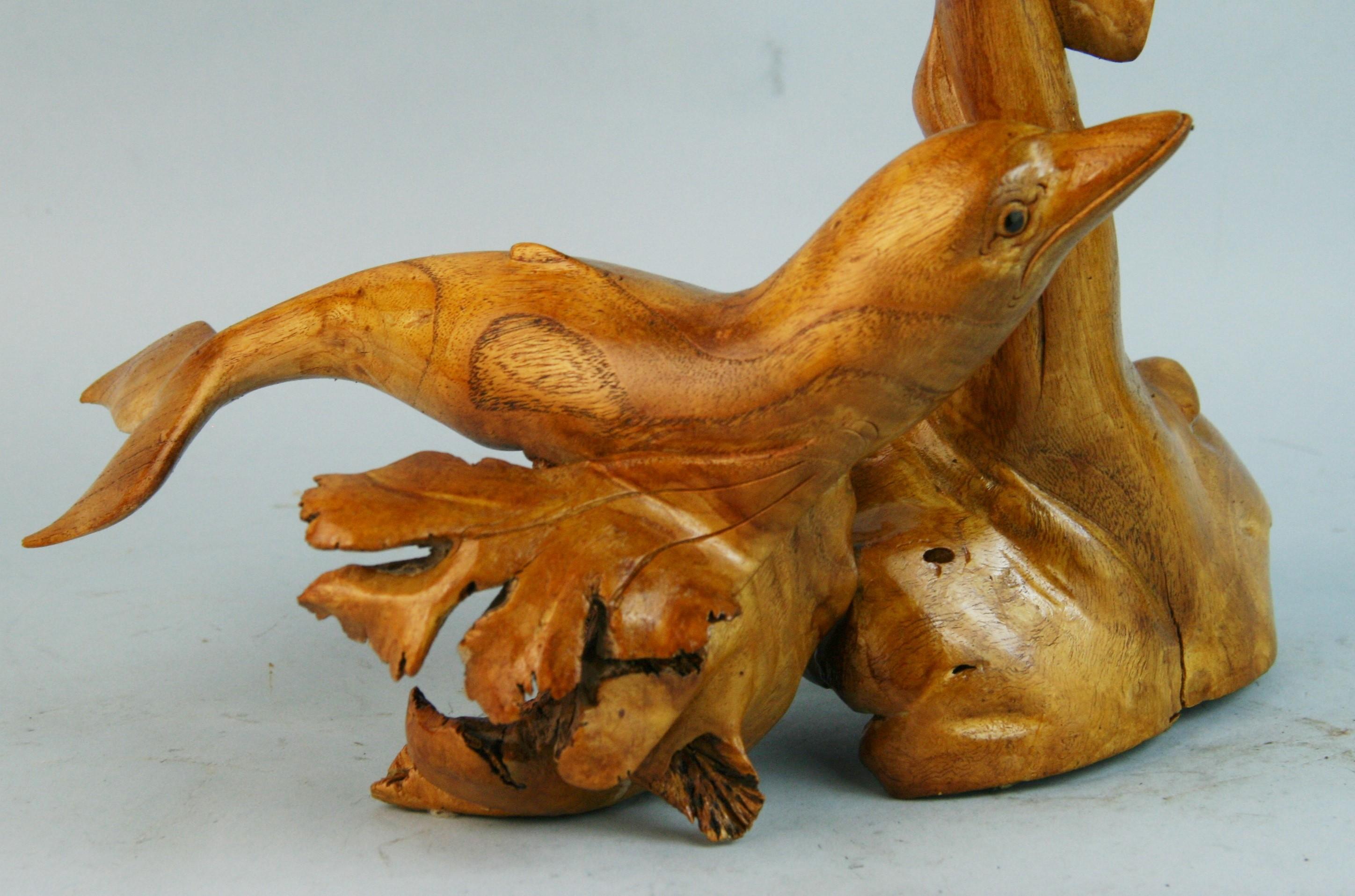 Japanese Folk Art Tree Root Hand Carved Dolphin Sculpture In Good Condition For Sale In Douglas Manor, NY