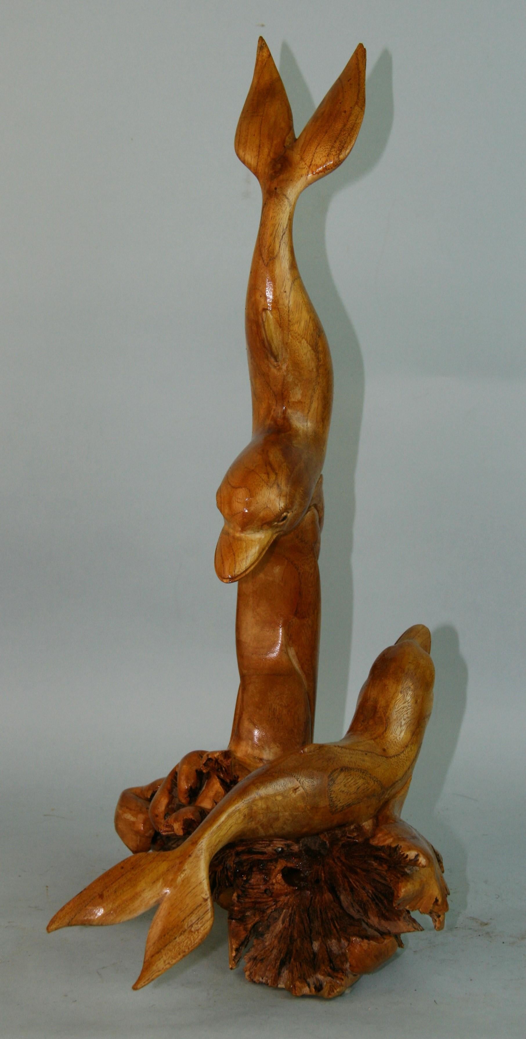 Mid-20th Century Japanese Folk Art Tree Root Hand Carved Dolphin Sculpture For Sale