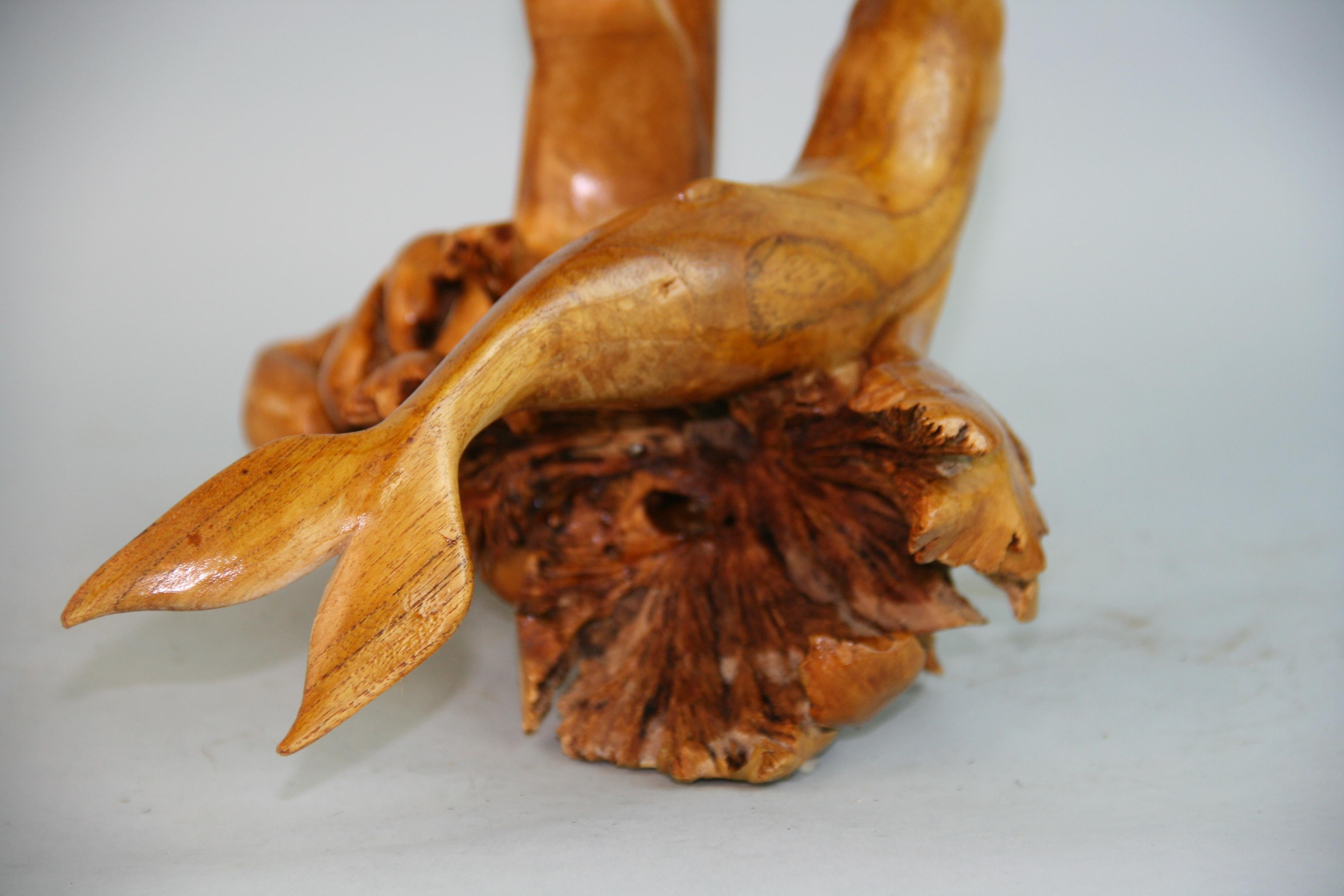 Boxwood Japanese Folk Art Tree Root Hand Carved Dolphin Sculpture For Sale