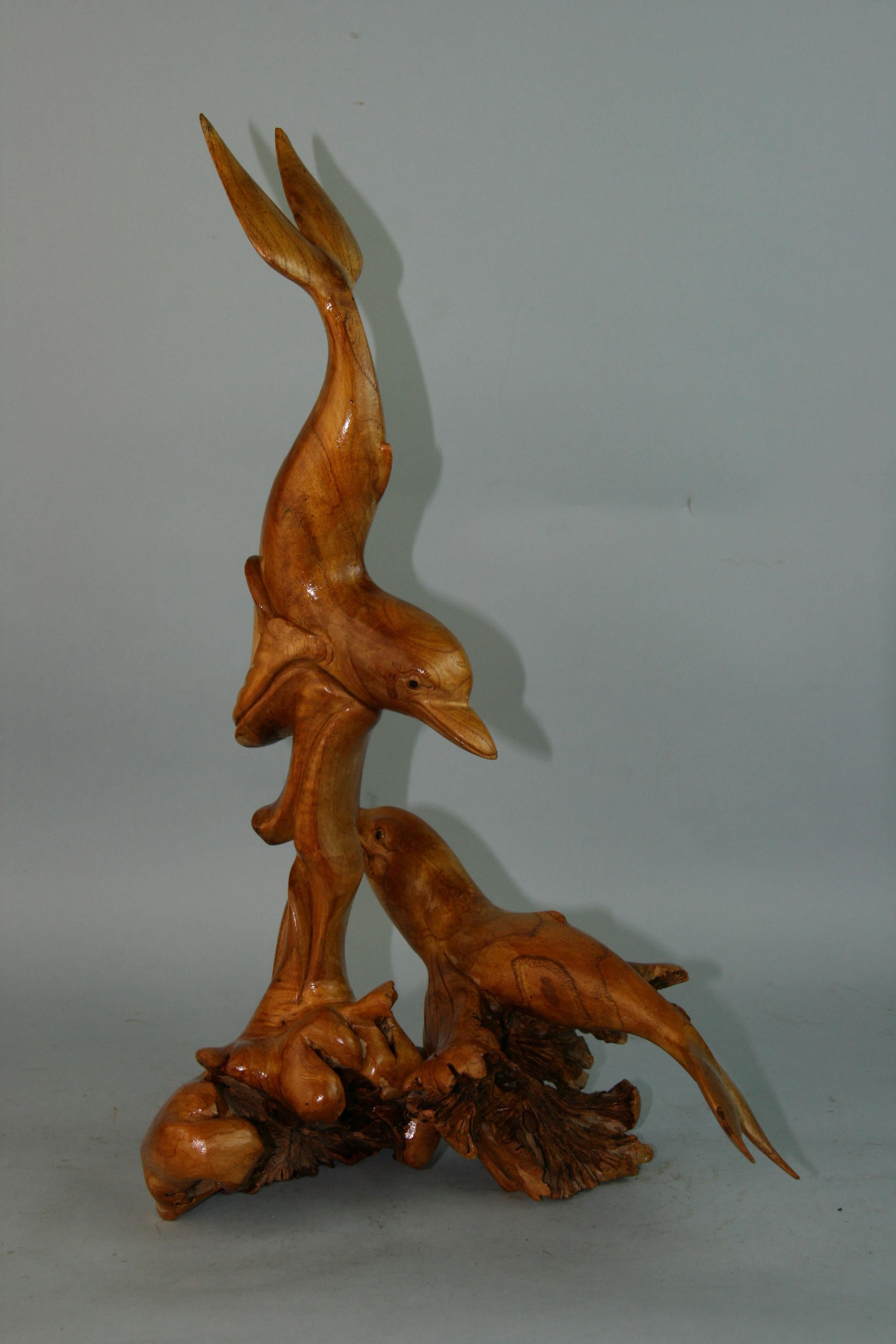 Japanese Folk Art Tree Root Hand Carved Dolphin Sculpture For Sale 2