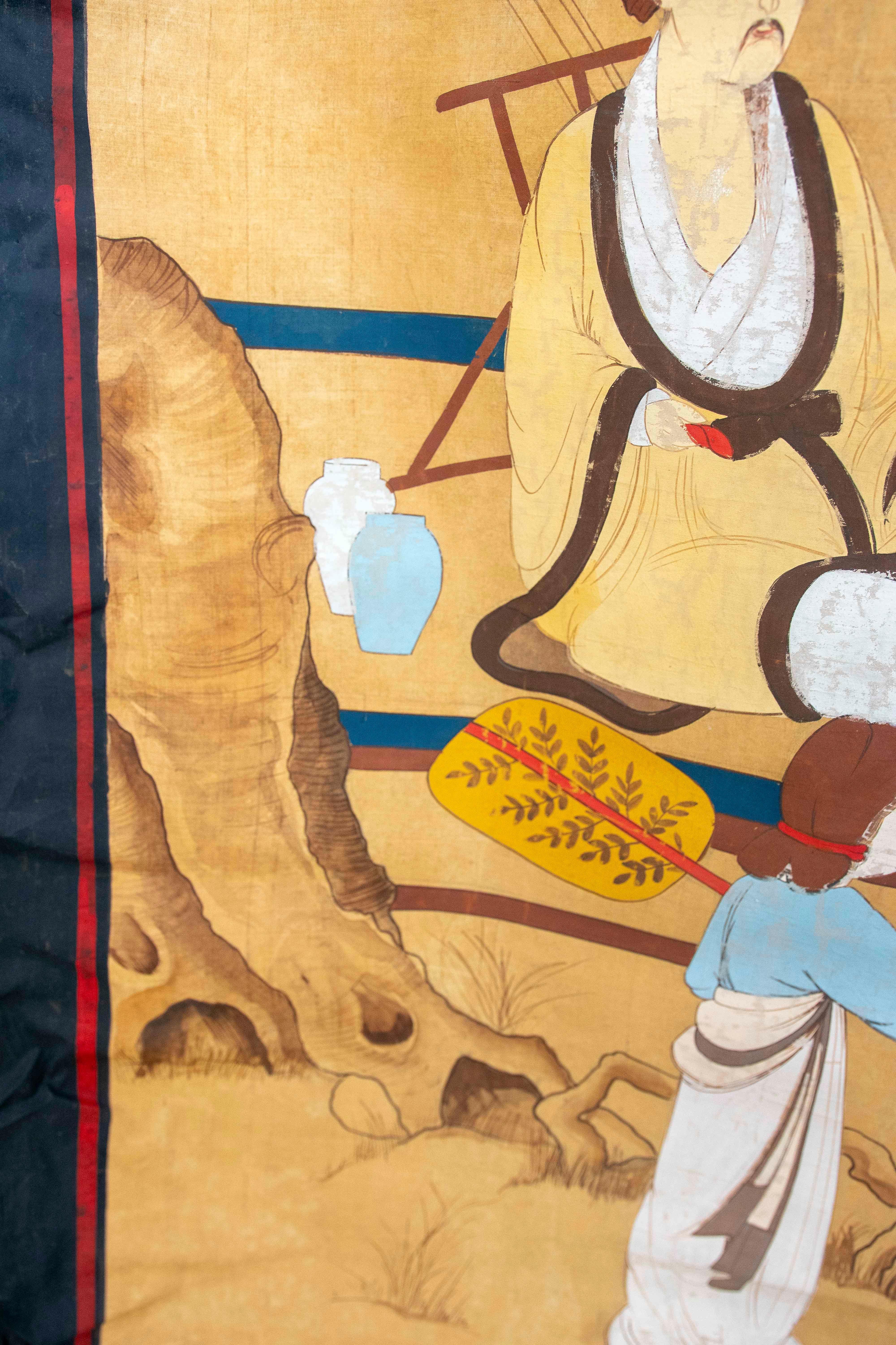 Japanese Folk  Scene Playing Instruments Painted on Canvas For Sale 4