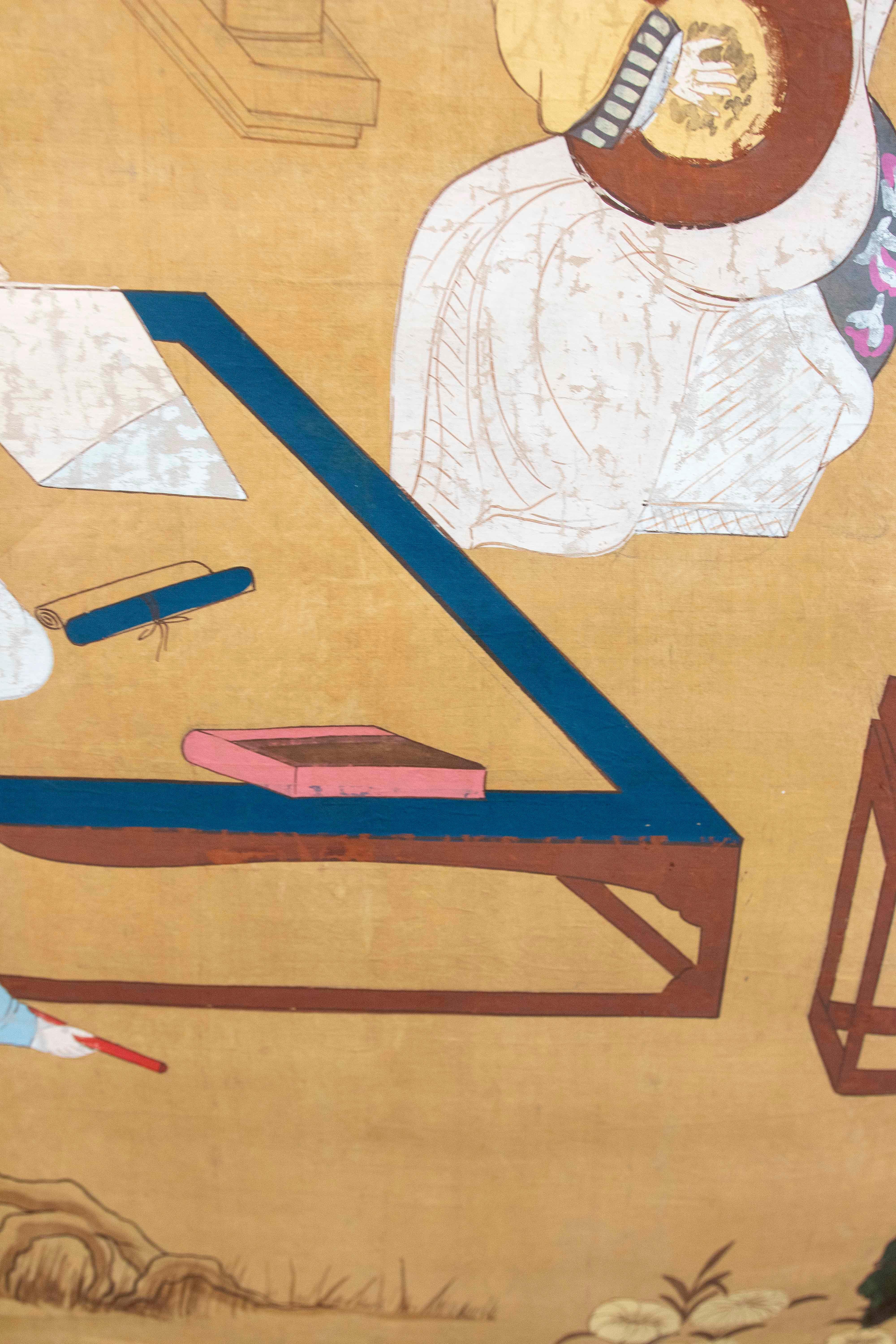 Japanese Folk  Scene Playing Instruments Painted on Canvas For Sale 5
