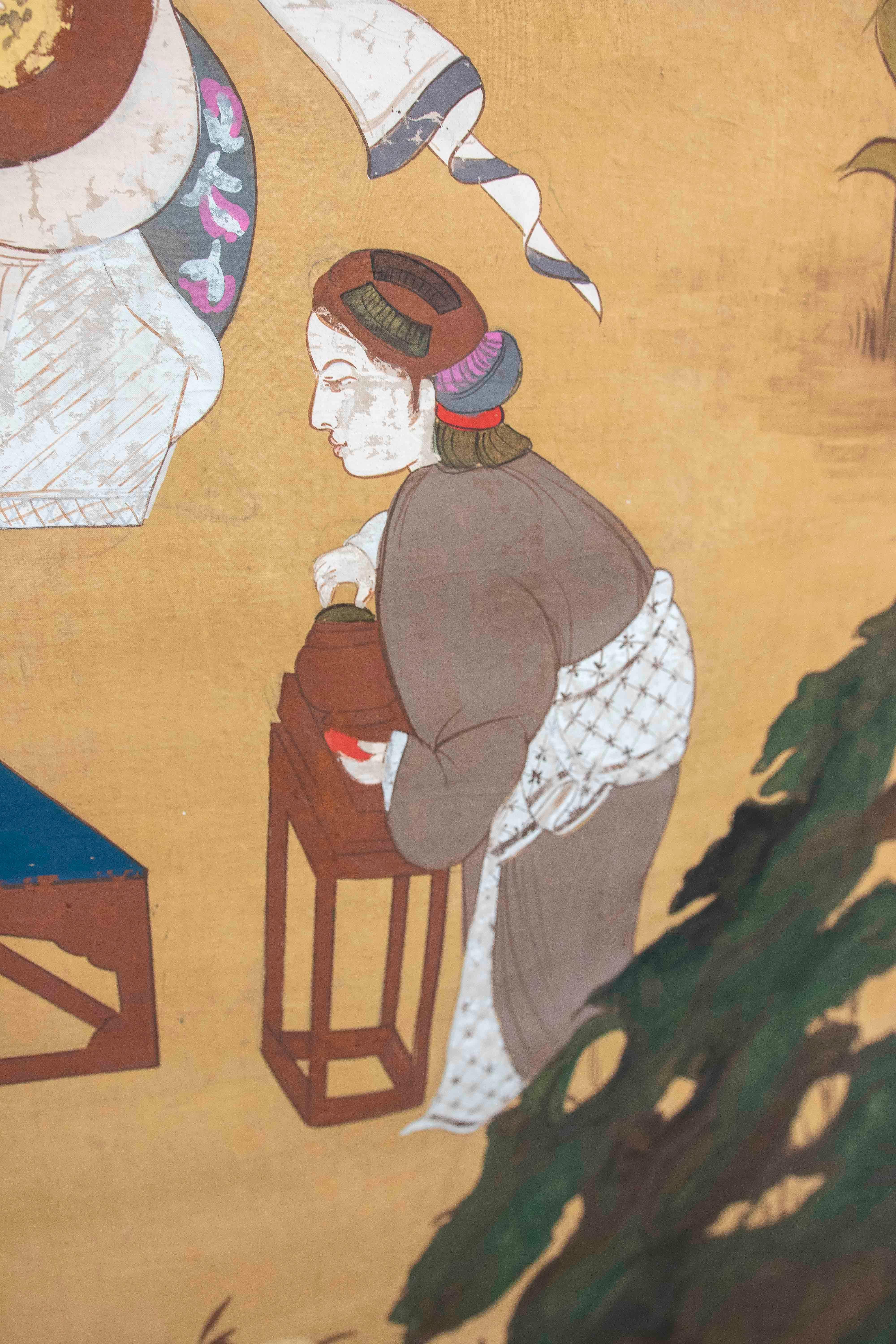 Japanese Folk  Scene Playing Instruments Painted on Canvas For Sale 6