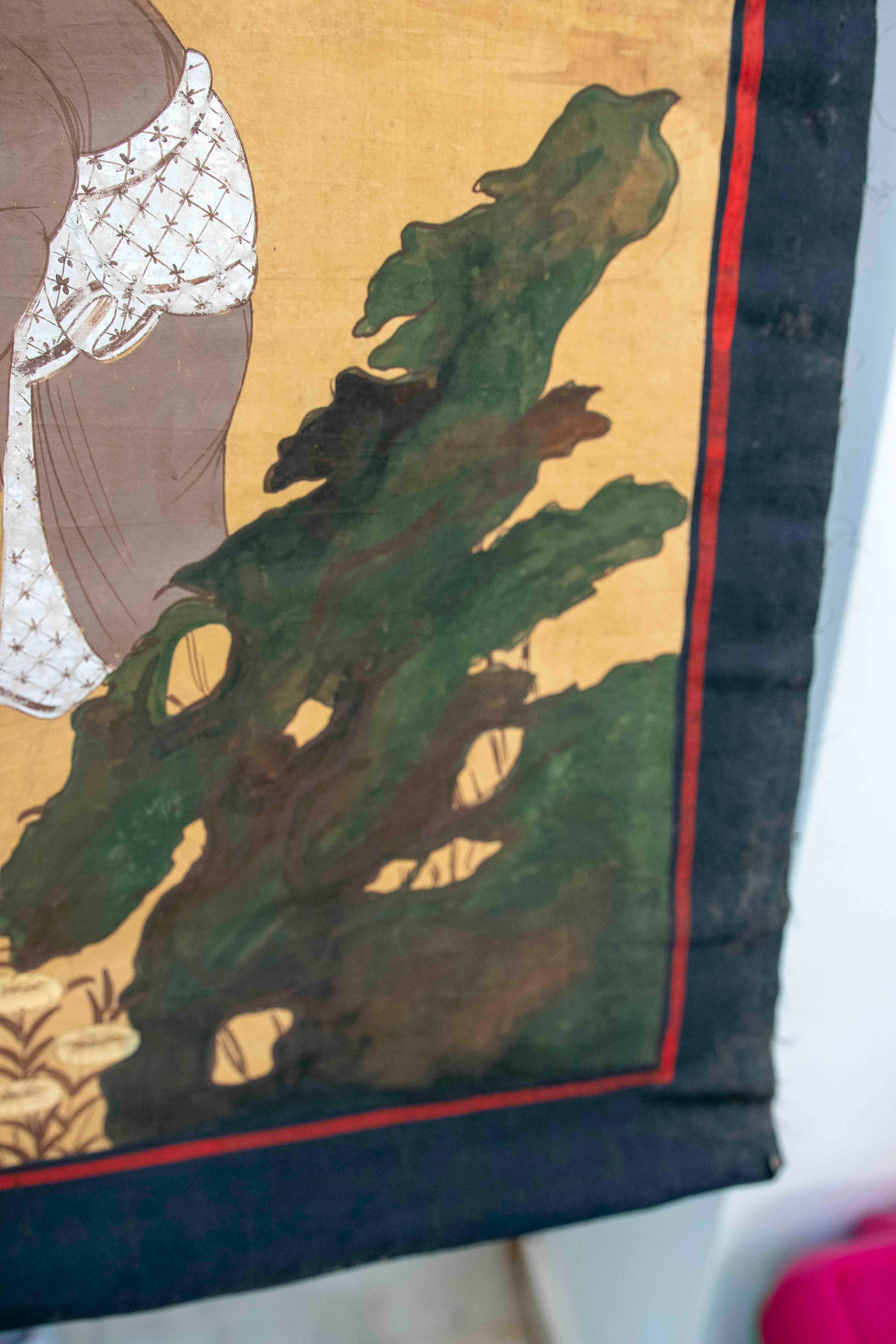 Japanese Folk  Scene Playing Instruments Painted on Canvas For Sale 7
