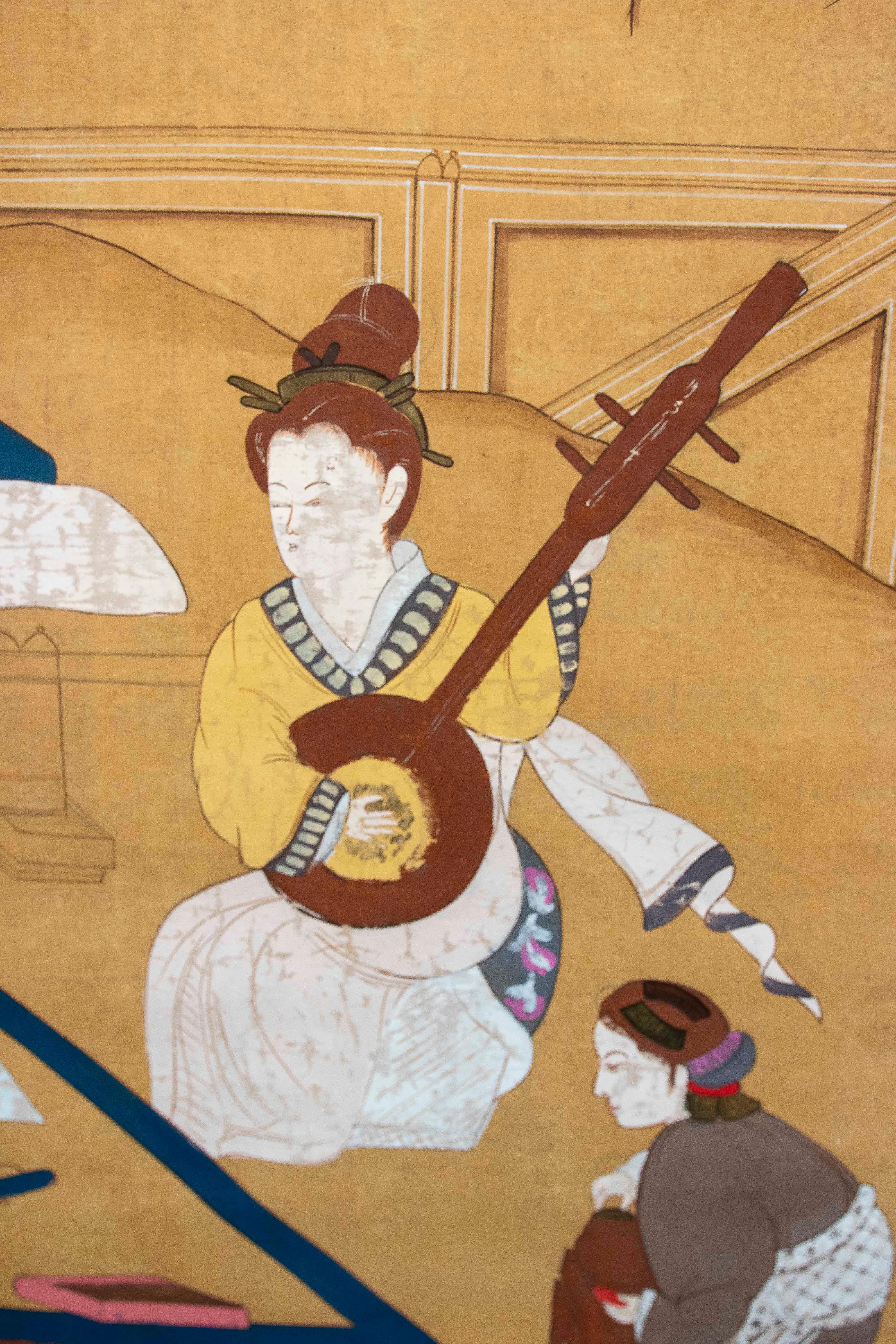 Japanese Folk  Scene Playing Instruments Painted on Canvas For Sale 8