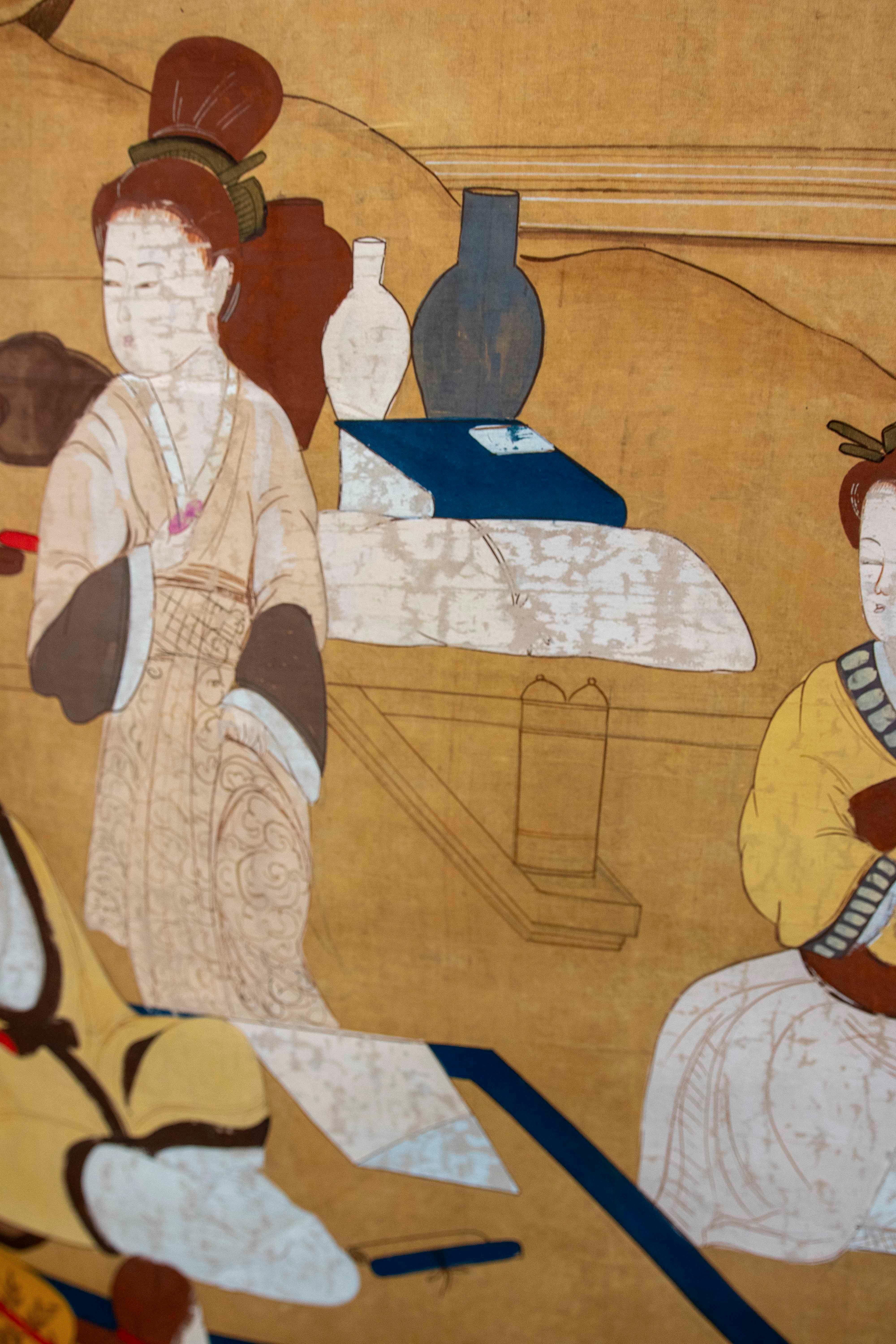 Japanese Folk  Scene Playing Instruments Painted on Canvas For Sale 9