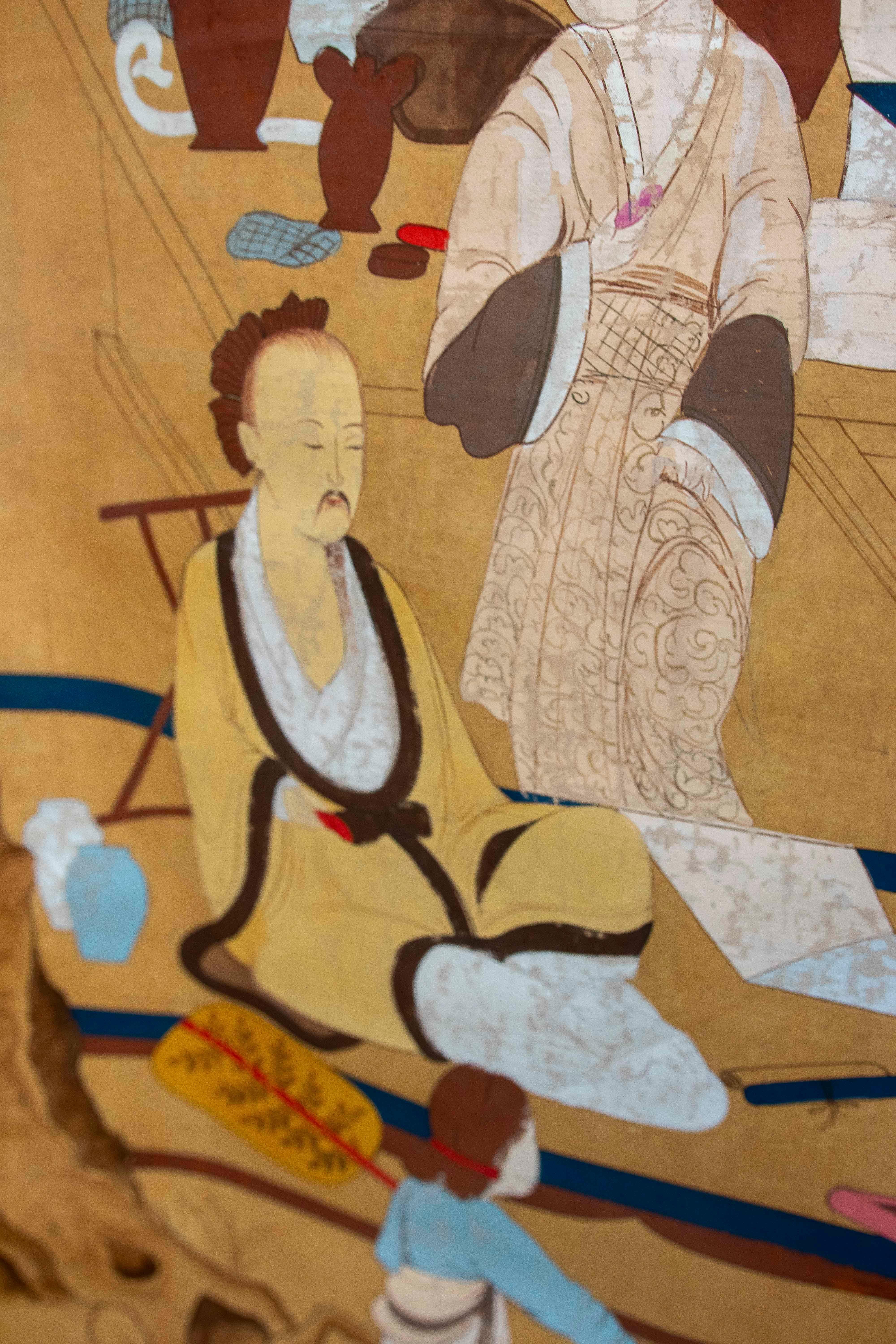 Japanese Folk  Scene Playing Instruments Painted on Canvas For Sale 10