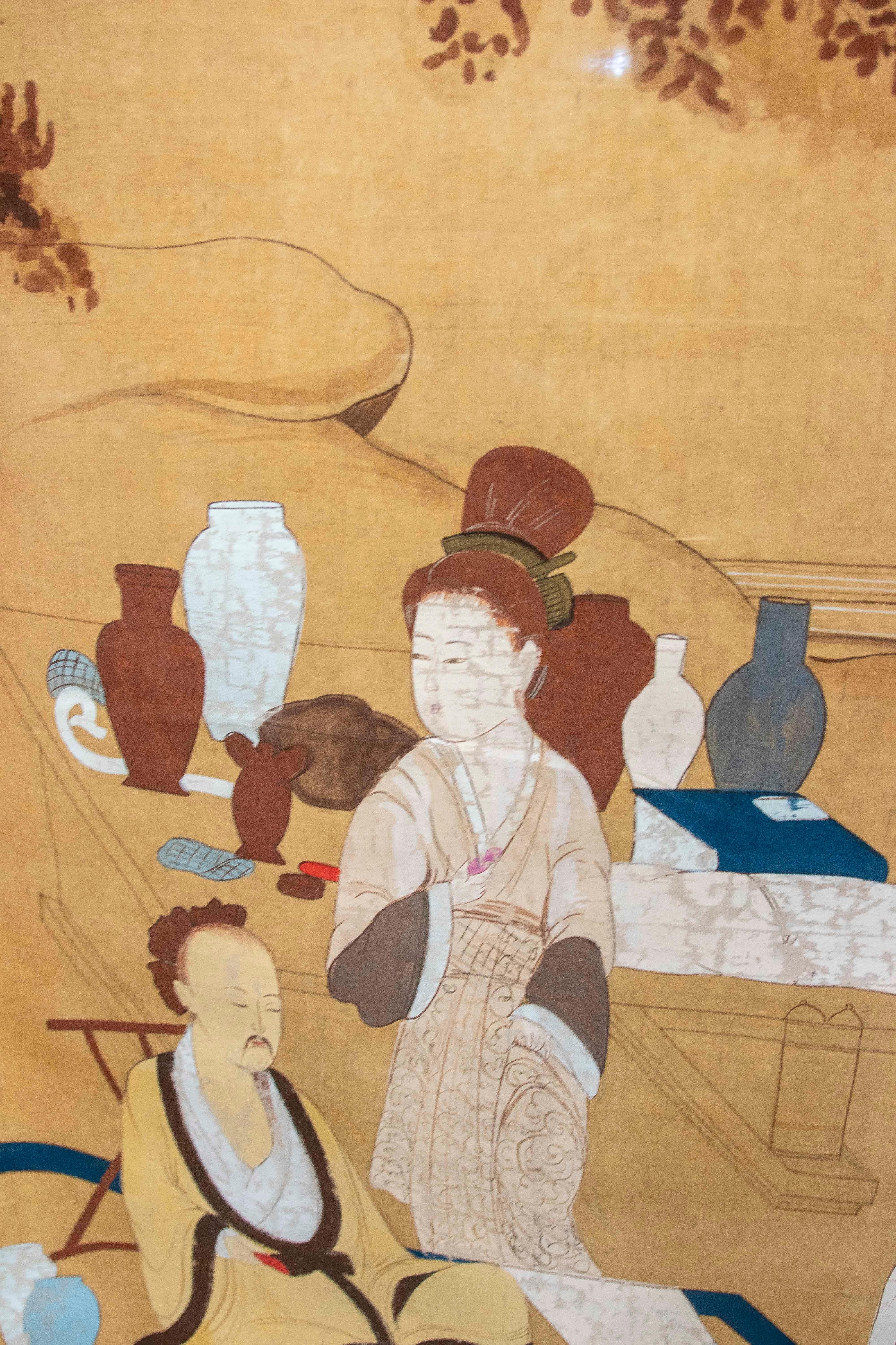 Japanese Folk  Scene Playing Instruments Painted on Canvas 
