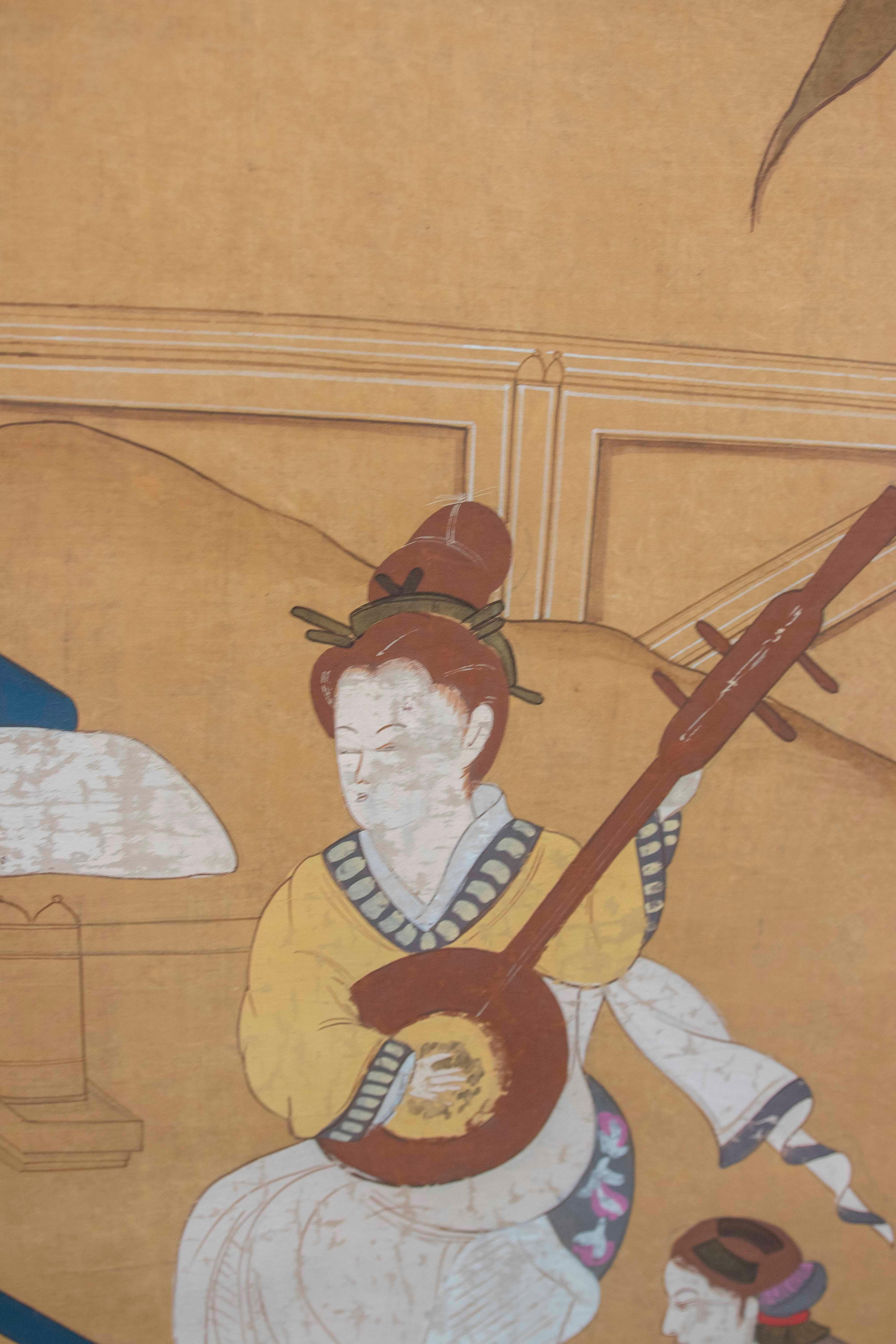 Asian Japanese Folk  Scene Playing Instruments Painted on Canvas For Sale