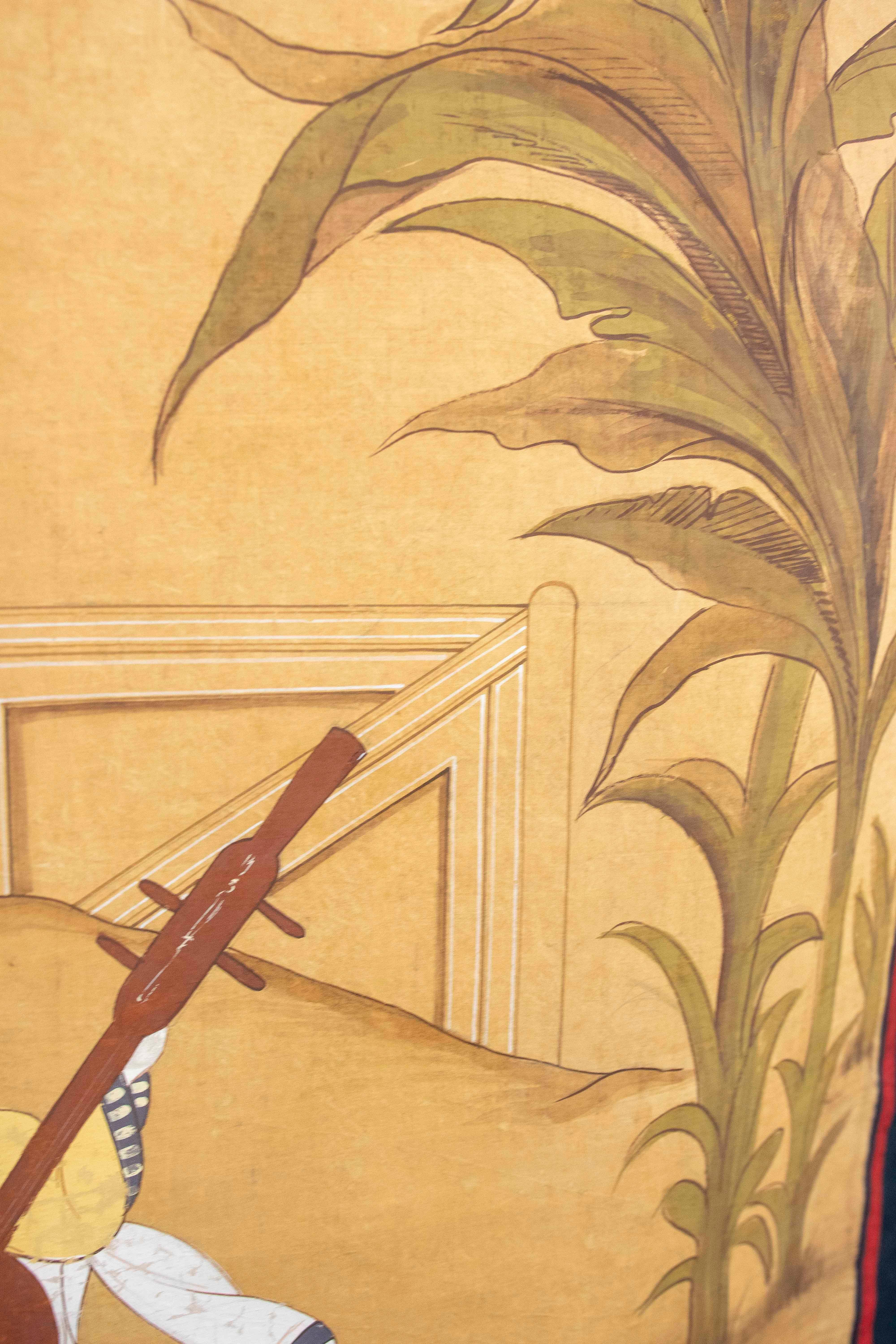 Hand-Painted Japanese Folk  Scene Playing Instruments Painted on Canvas For Sale