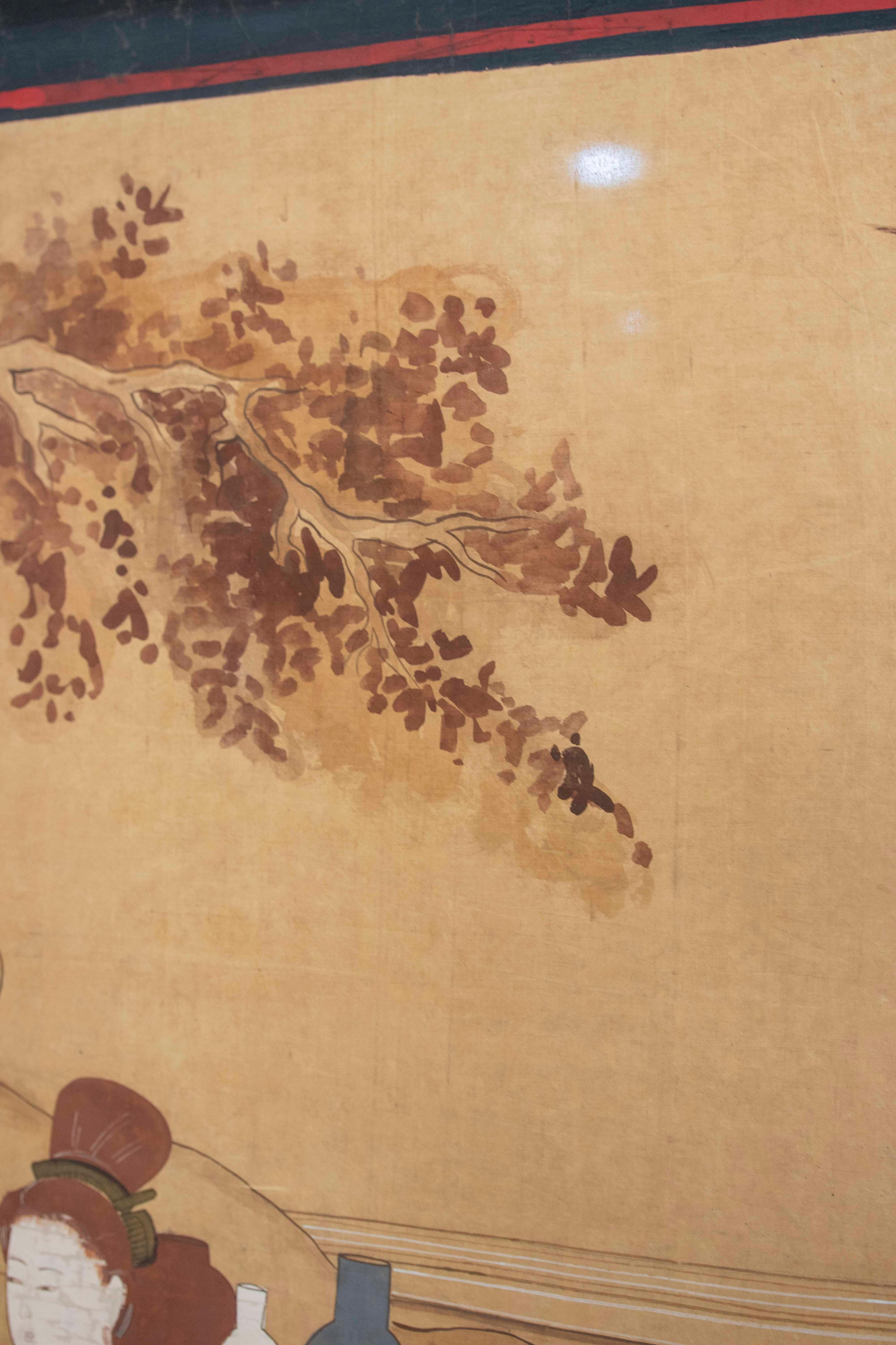 Fabric Japanese Folk  Scene Playing Instruments Painted on Canvas For Sale