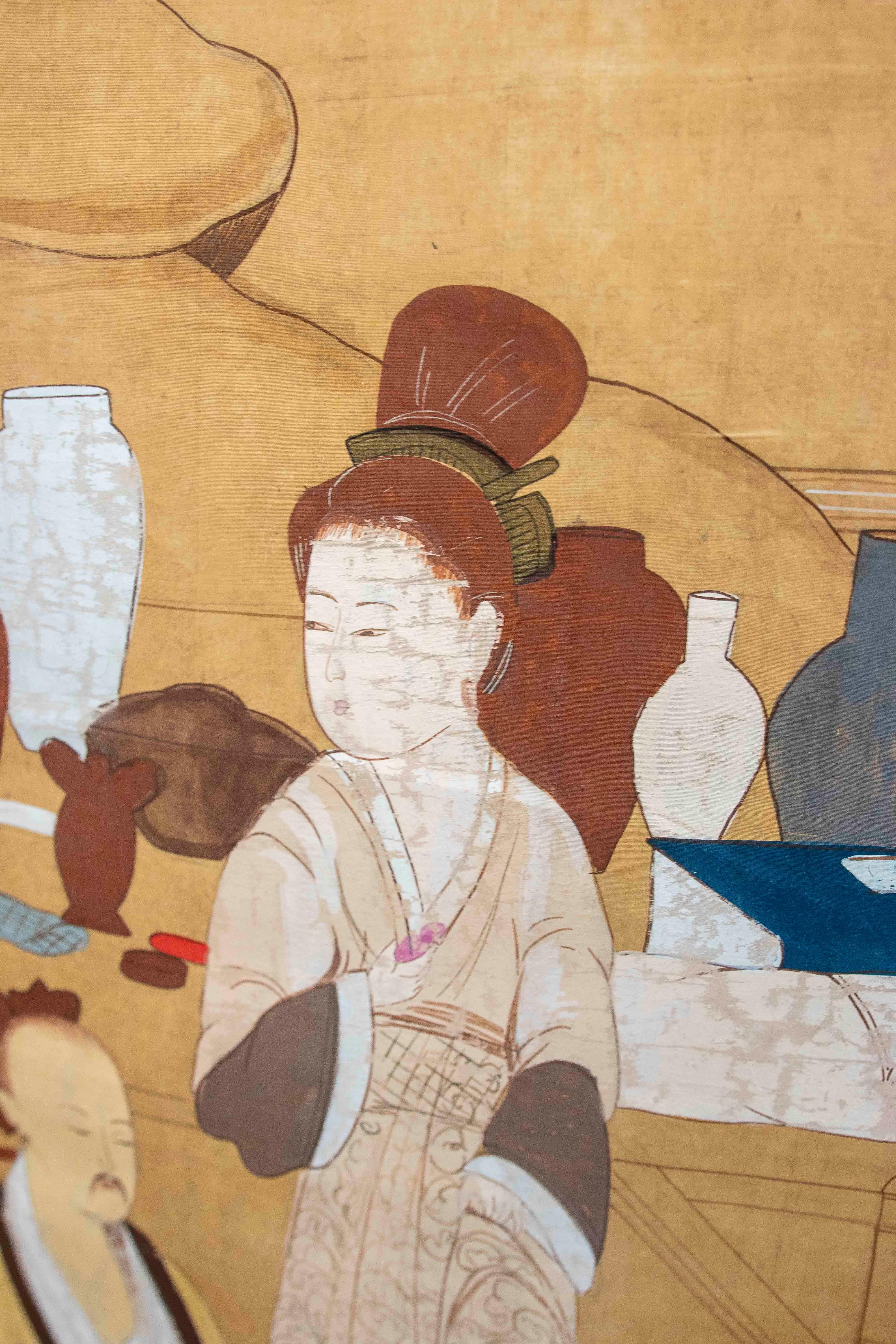 Japanese Folk  Scene Playing Instruments Painted on Canvas For Sale 1
