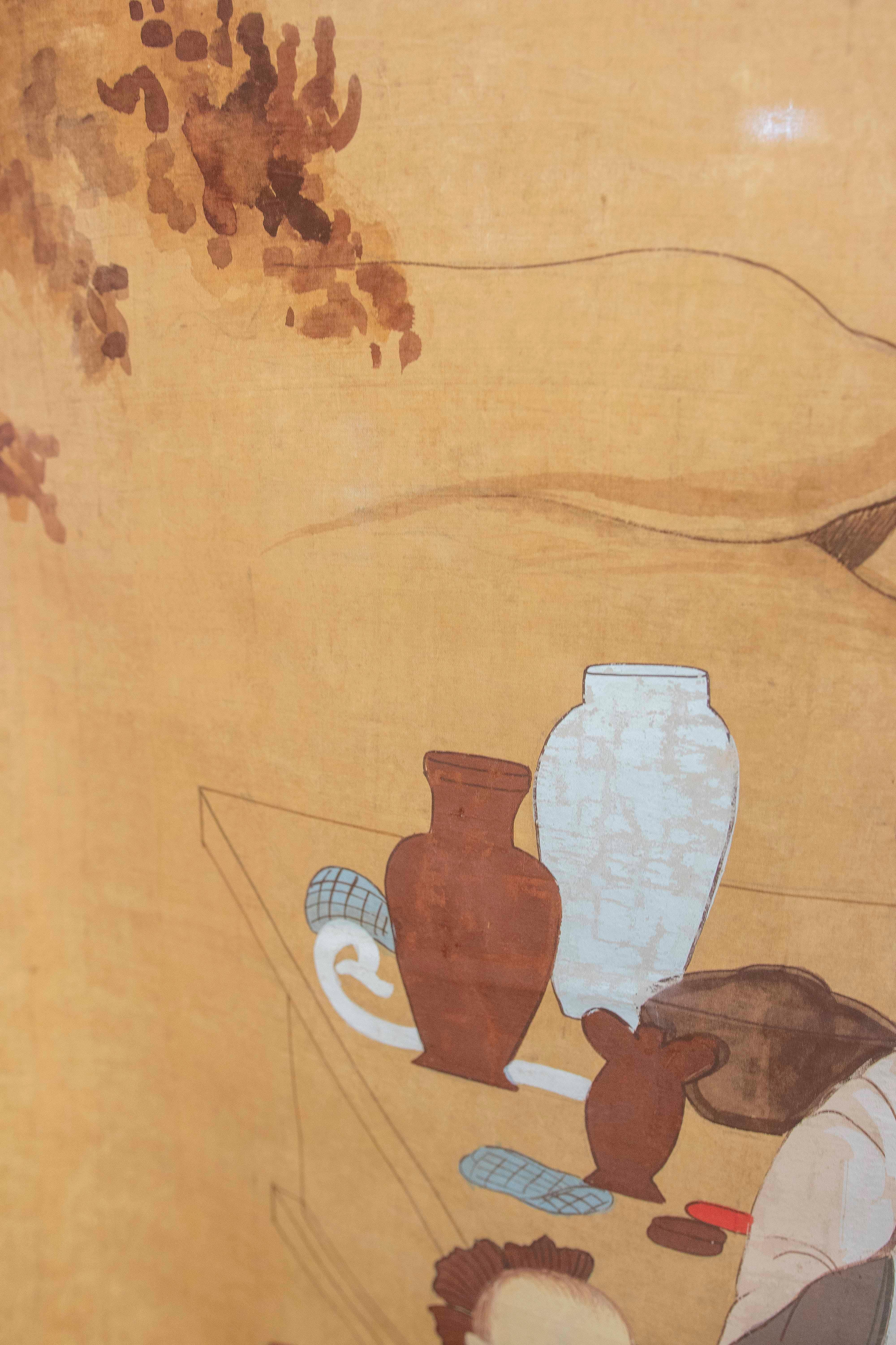 Japanese Folk  Scene Playing Instruments Painted on Canvas For Sale 2