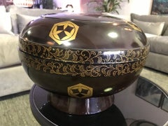 Japanese Showa Footed Black Red Lacquer Bowl or Box with Lid and Gold Decoration
