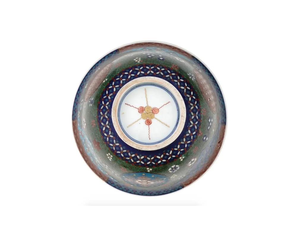 Antique Early Meiji Japanese Cloisonne Enamel Footed Porcelain Bowl Totai For Sale 1