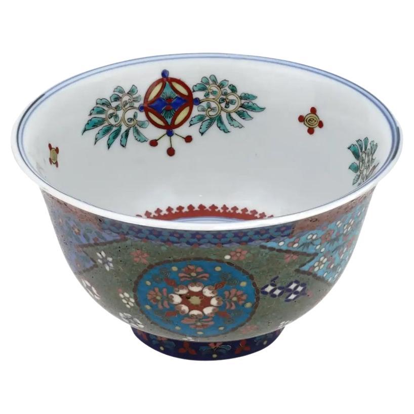Antique Early Meiji Japanese Cloisonne Enamel Footed Porcelain Bowl Totai For Sale