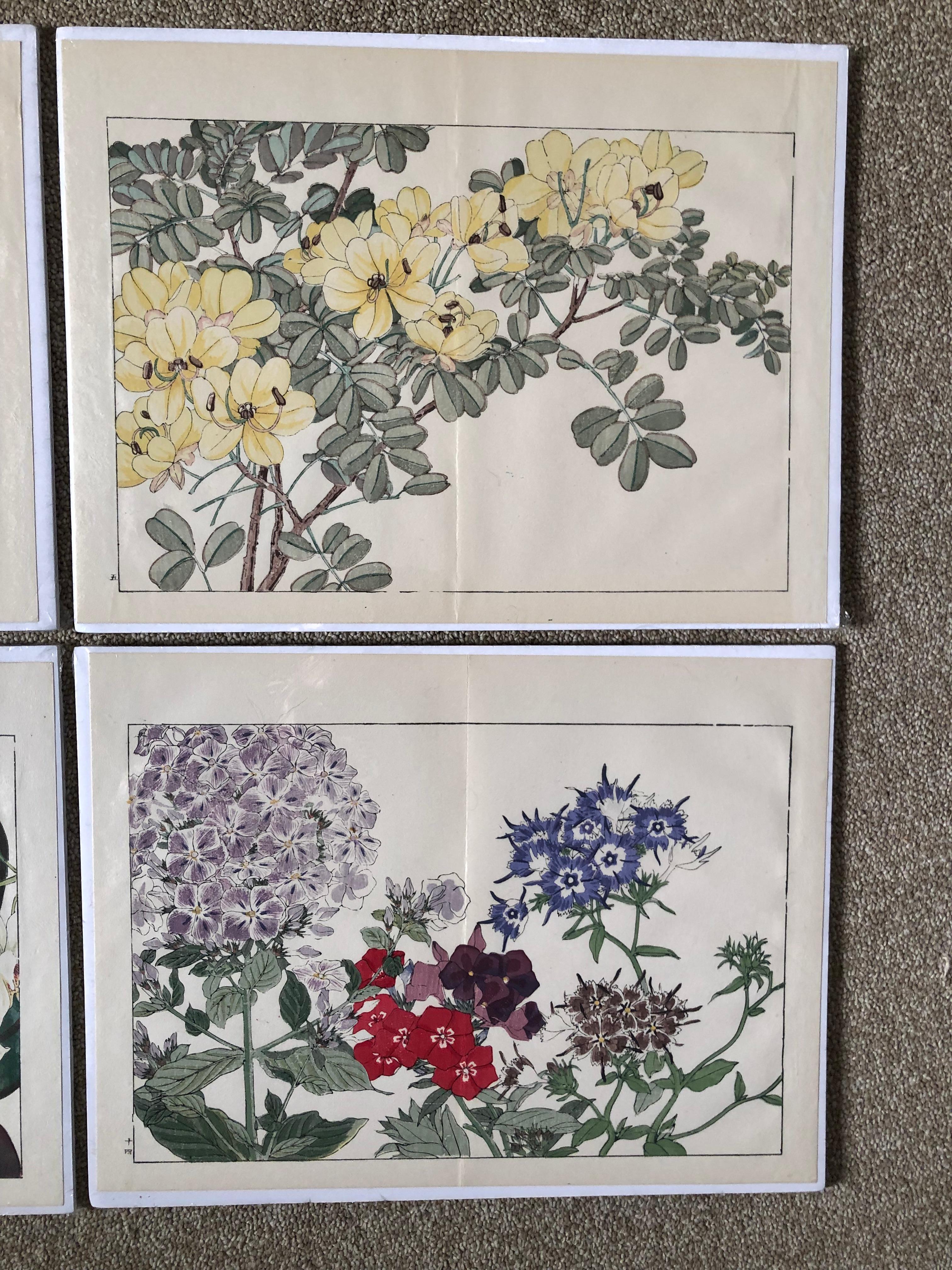 Showa Japanese Four Fine Woodblock Flower Prints, Vibrant Colors, Frameable #1