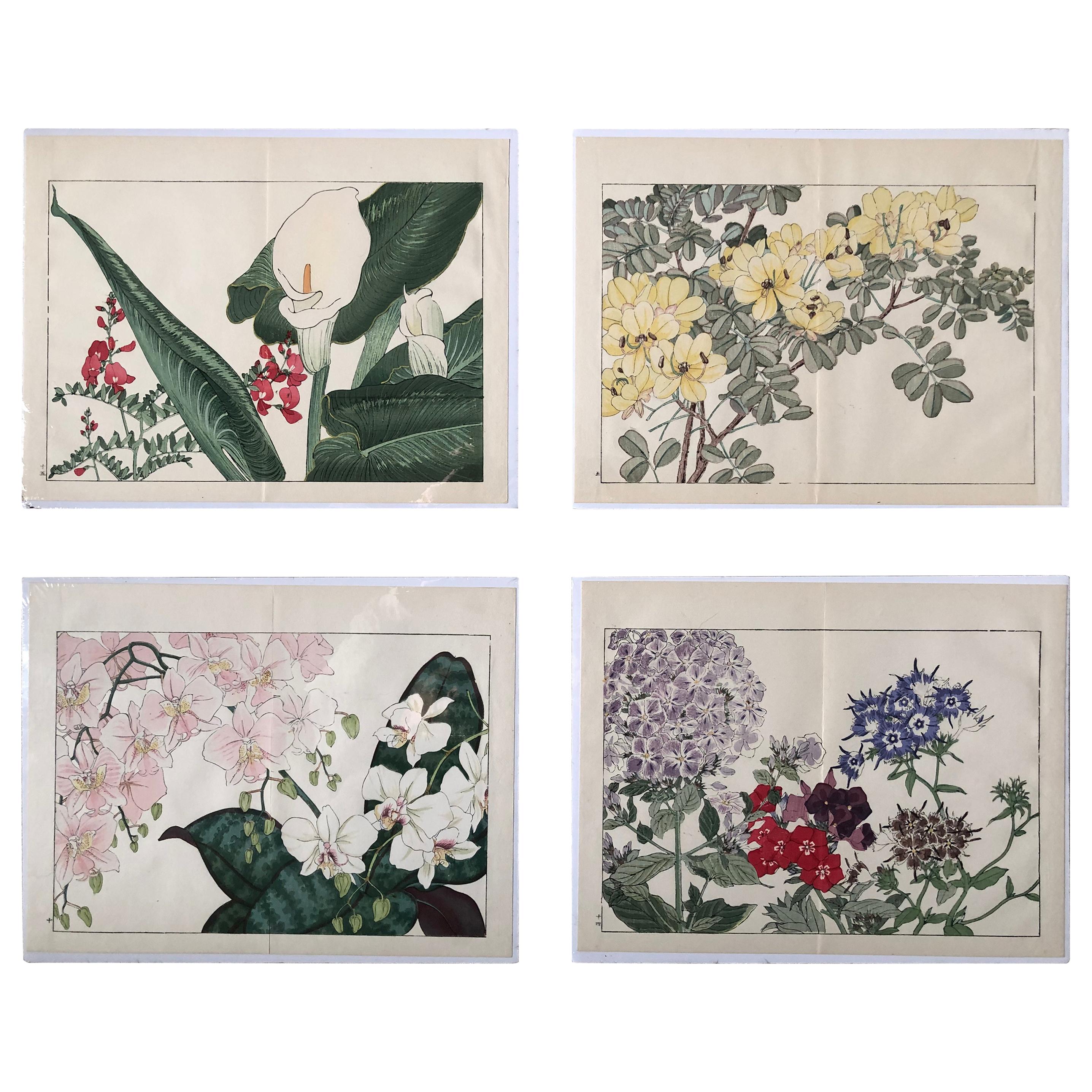 Japanese Four Fine Woodblock Flower Prints, Vibrant Colors, Frameable #1