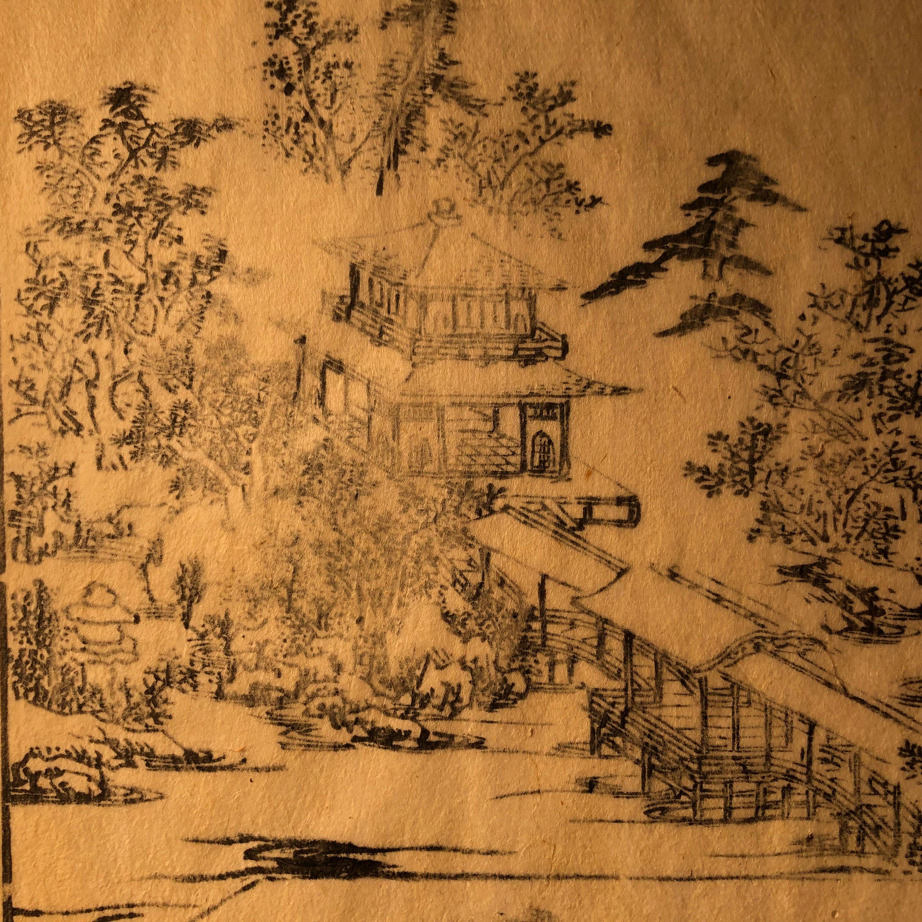 Hand-Crafted Japanese Four Old Kyoto Garden Woodblock Prints 18th-19th Century, Frameable #1
