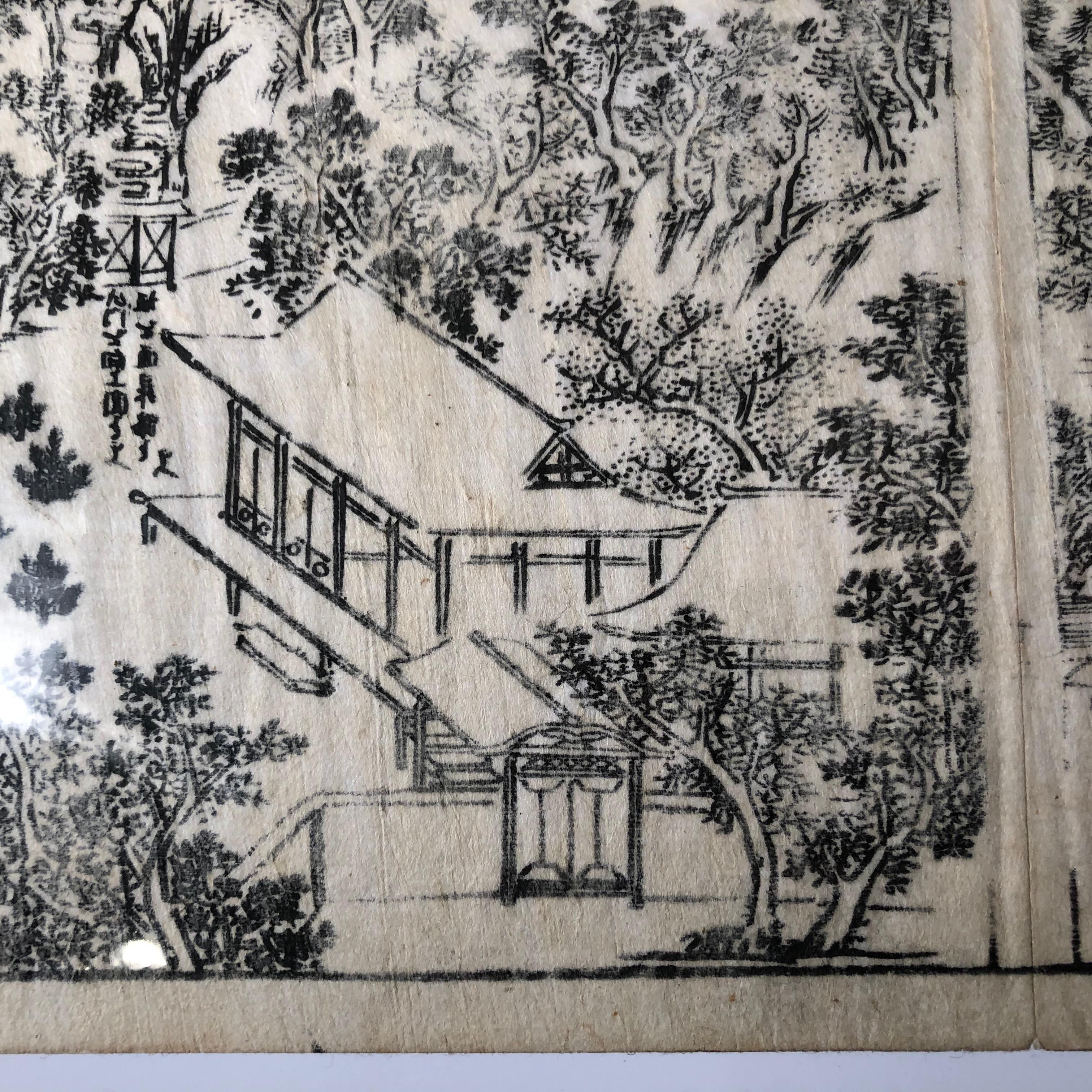 Hand-Crafted Japanese Four Old Kyoto Garden Woodblock Prints 18th-19th Century, Frameable