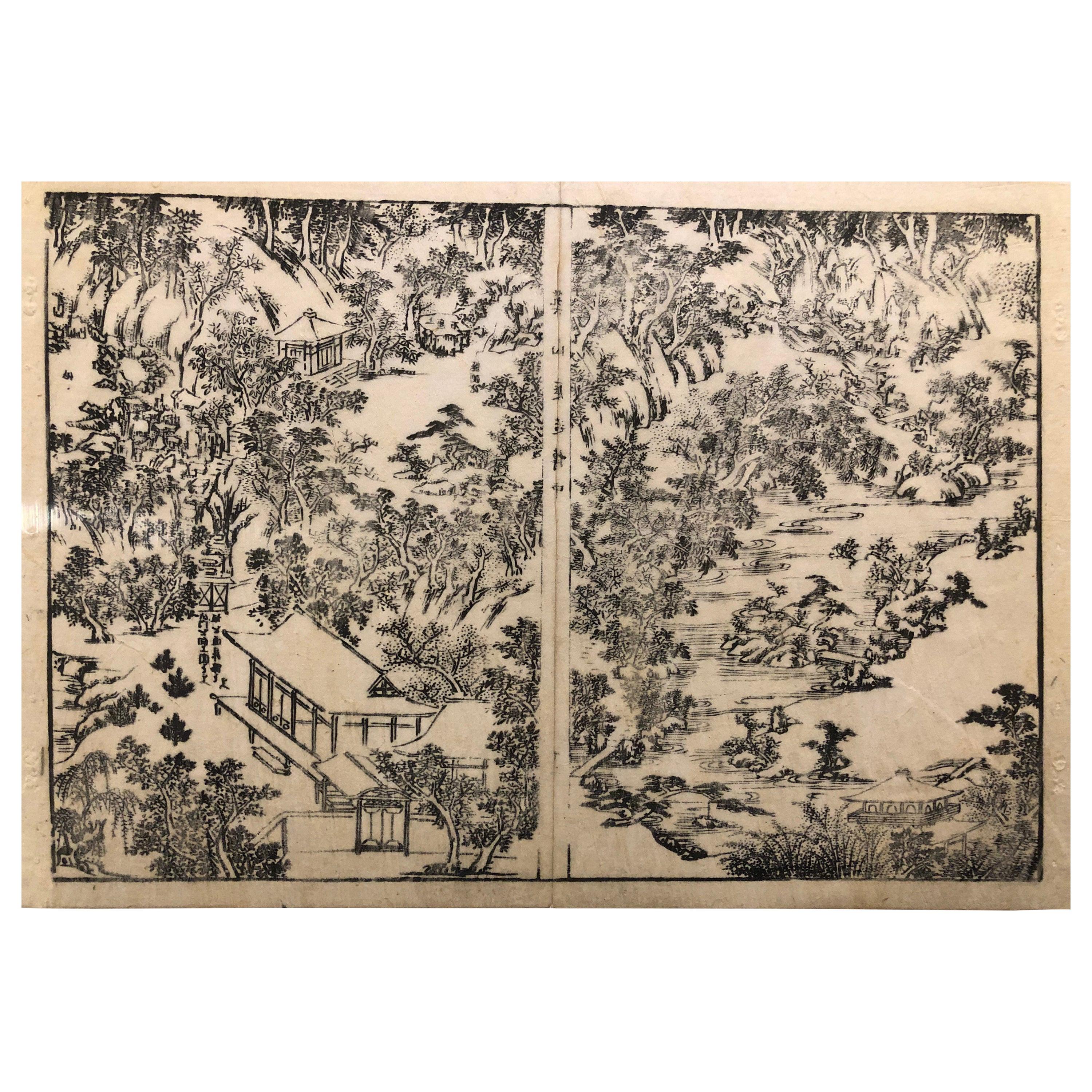 Japanese Four Old Kyoto Garden Woodblock Prints 18th-19th Century, Frameable