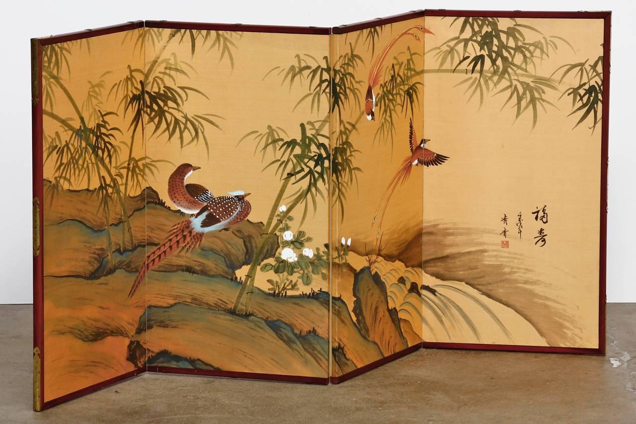 Mid-Century Modern Japanese Four Panel Bamboo and Bird Landscape Screen