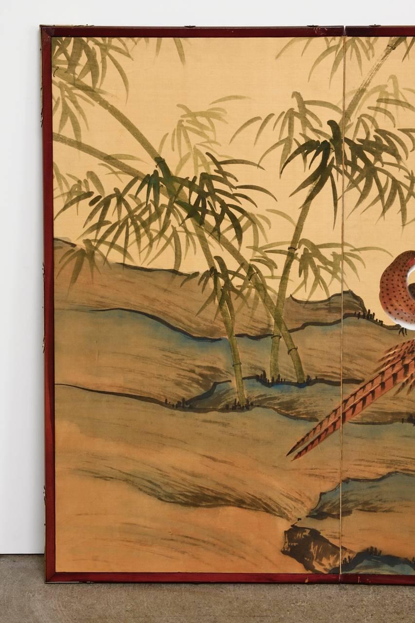 Lacquered Japanese Four Panel Bamboo and Bird Landscape Screen