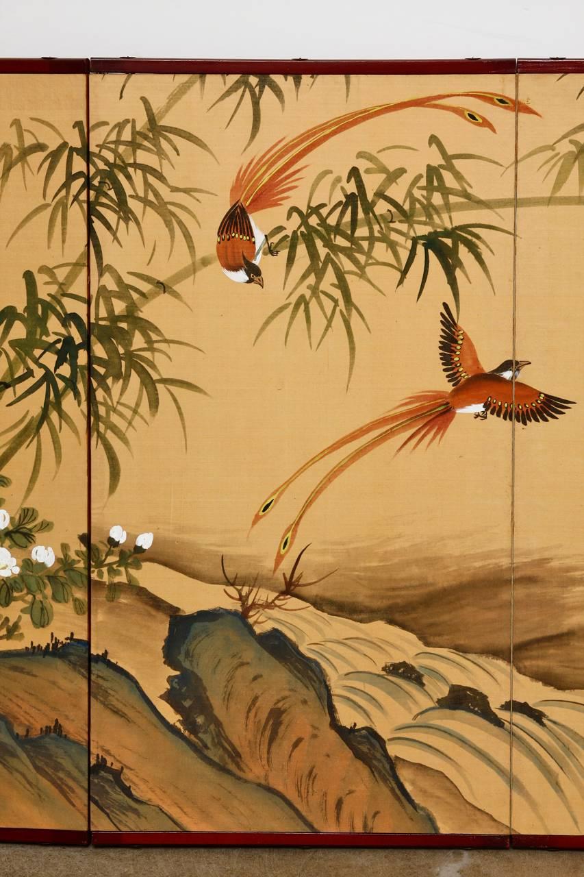 20th Century Japanese Four Panel Bamboo and Bird Landscape Screen
