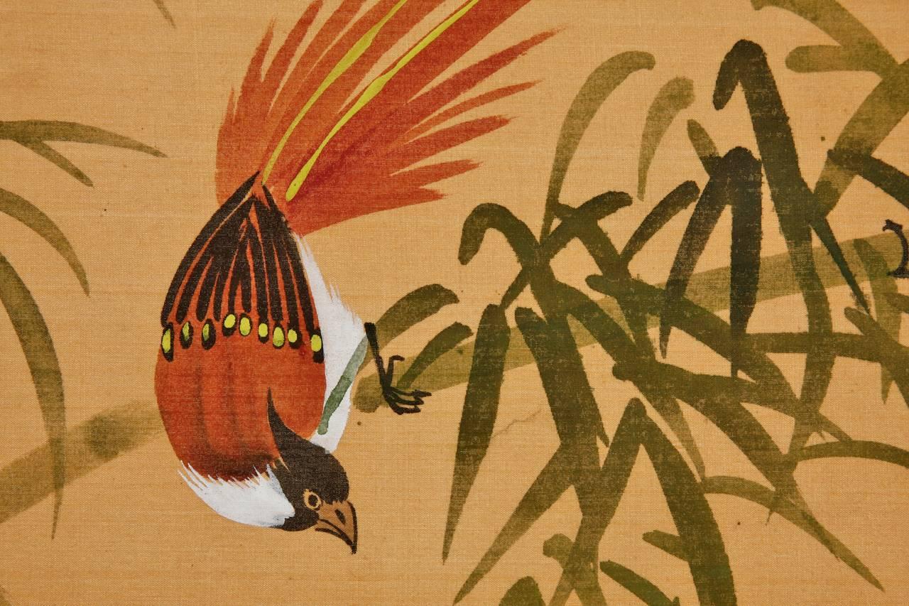 Japanese Four Panel Bamboo and Bird Landscape Screen 1