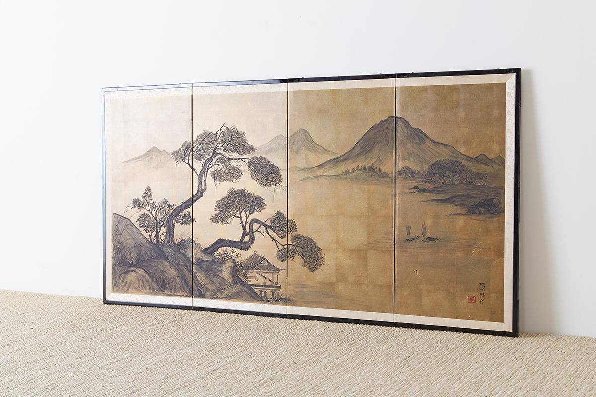 Japanese Four Panel Byobu Gilt Landscape Screen 10