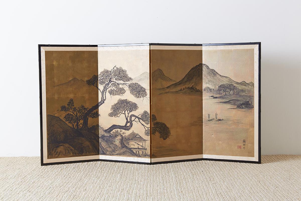 Mid-Century Modern Japanese Four Panel Byobu Gilt Landscape Screen