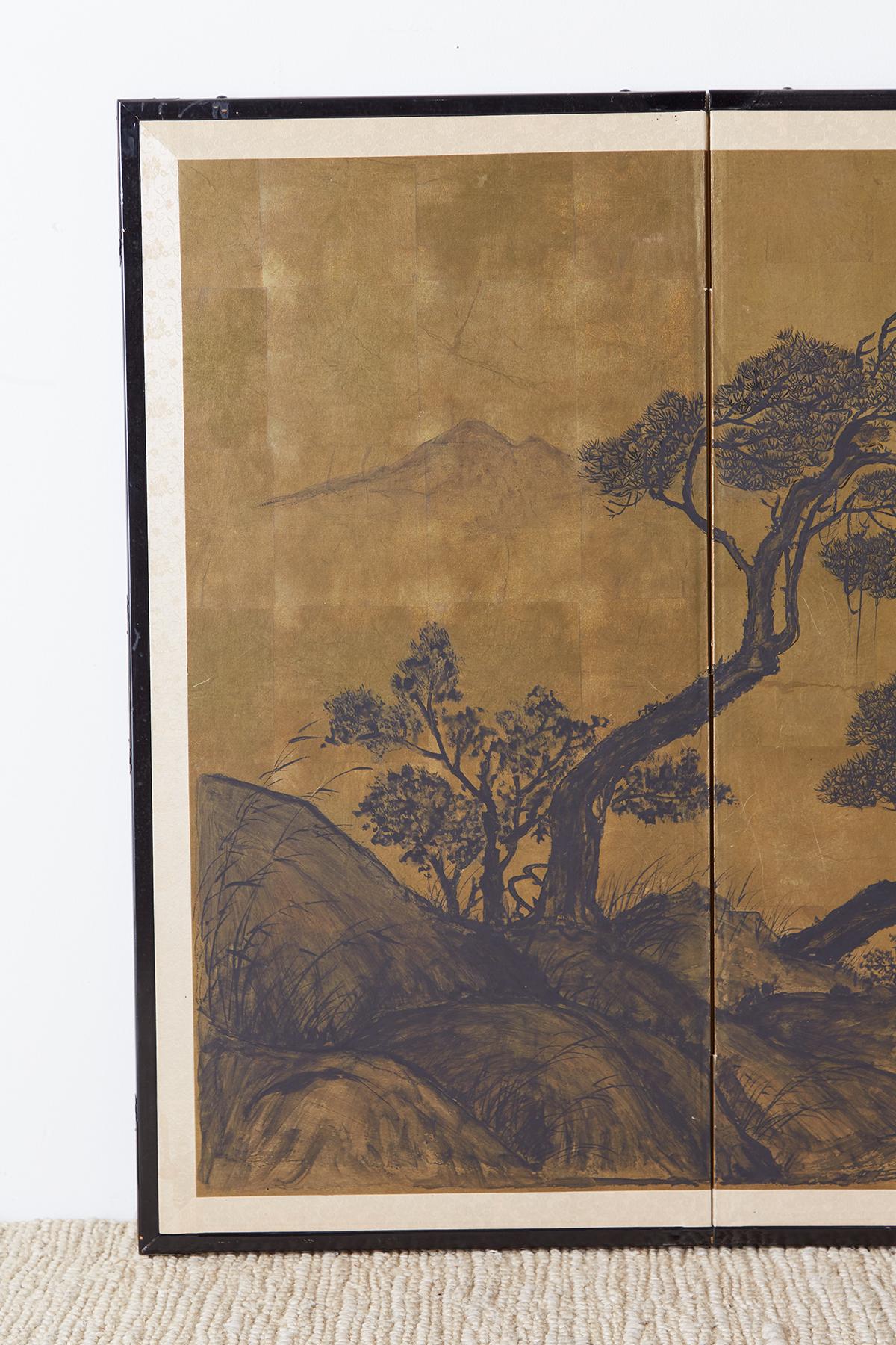 Lacquered Japanese Four Panel Byobu Gilt Landscape Screen