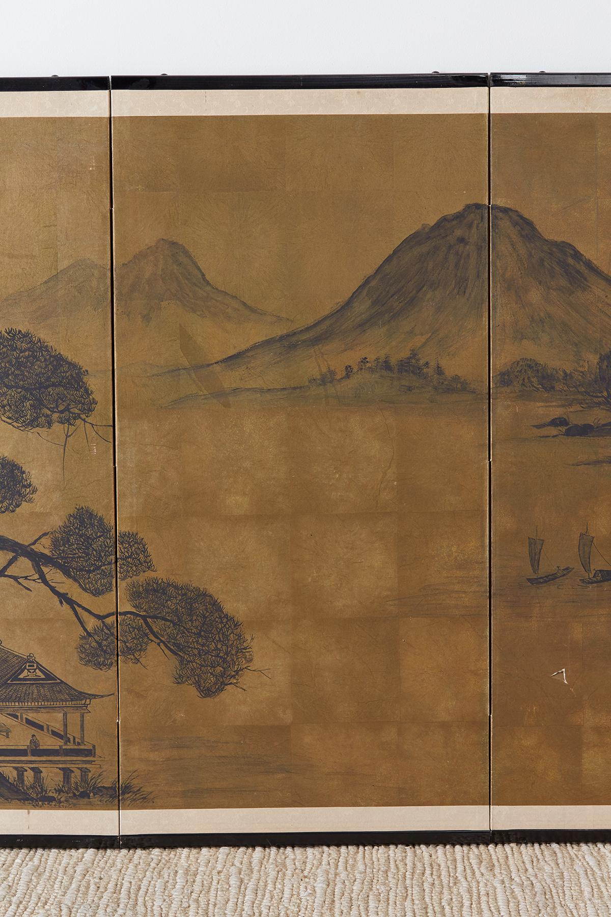 20th Century Japanese Four Panel Byobu Gilt Landscape Screen