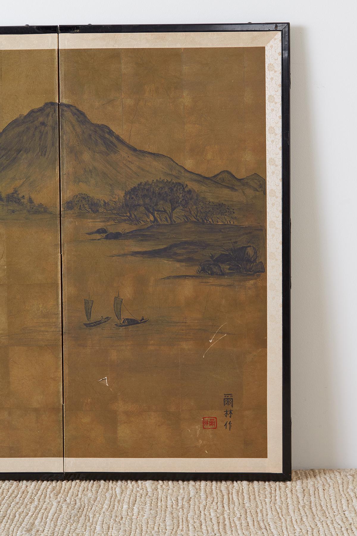 Brass Japanese Four Panel Byobu Gilt Landscape Screen