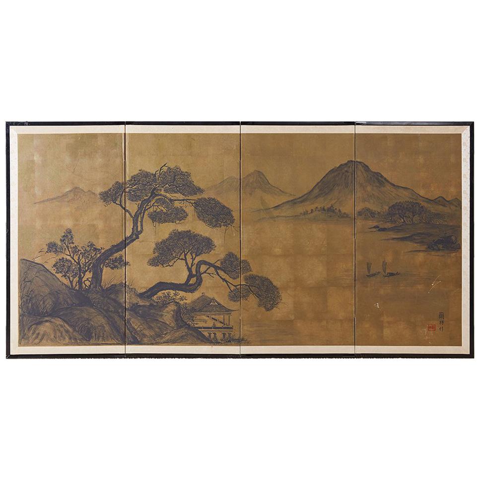 Japanese Four Panel Byobu Gilt Landscape Screen