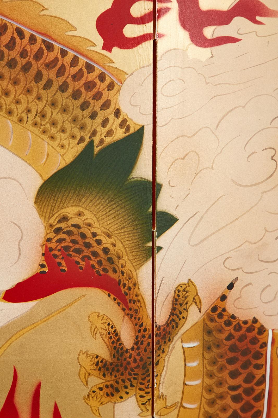 Japanese Four Panel Byobu Screen Dragon Chasing Flaming Sun 5