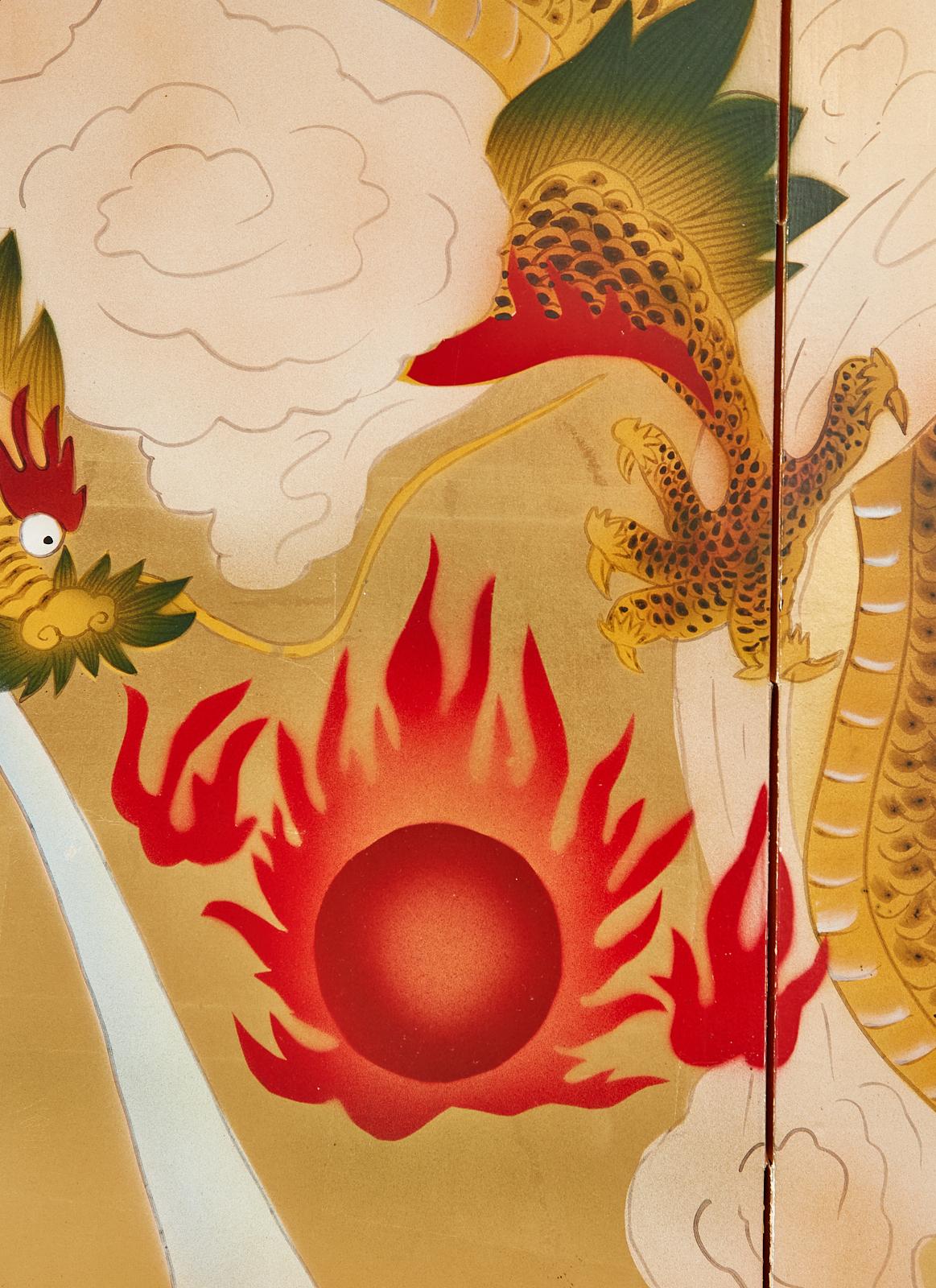 Japanese Four Panel Byobu Screen Dragon Chasing Flaming Sun 8