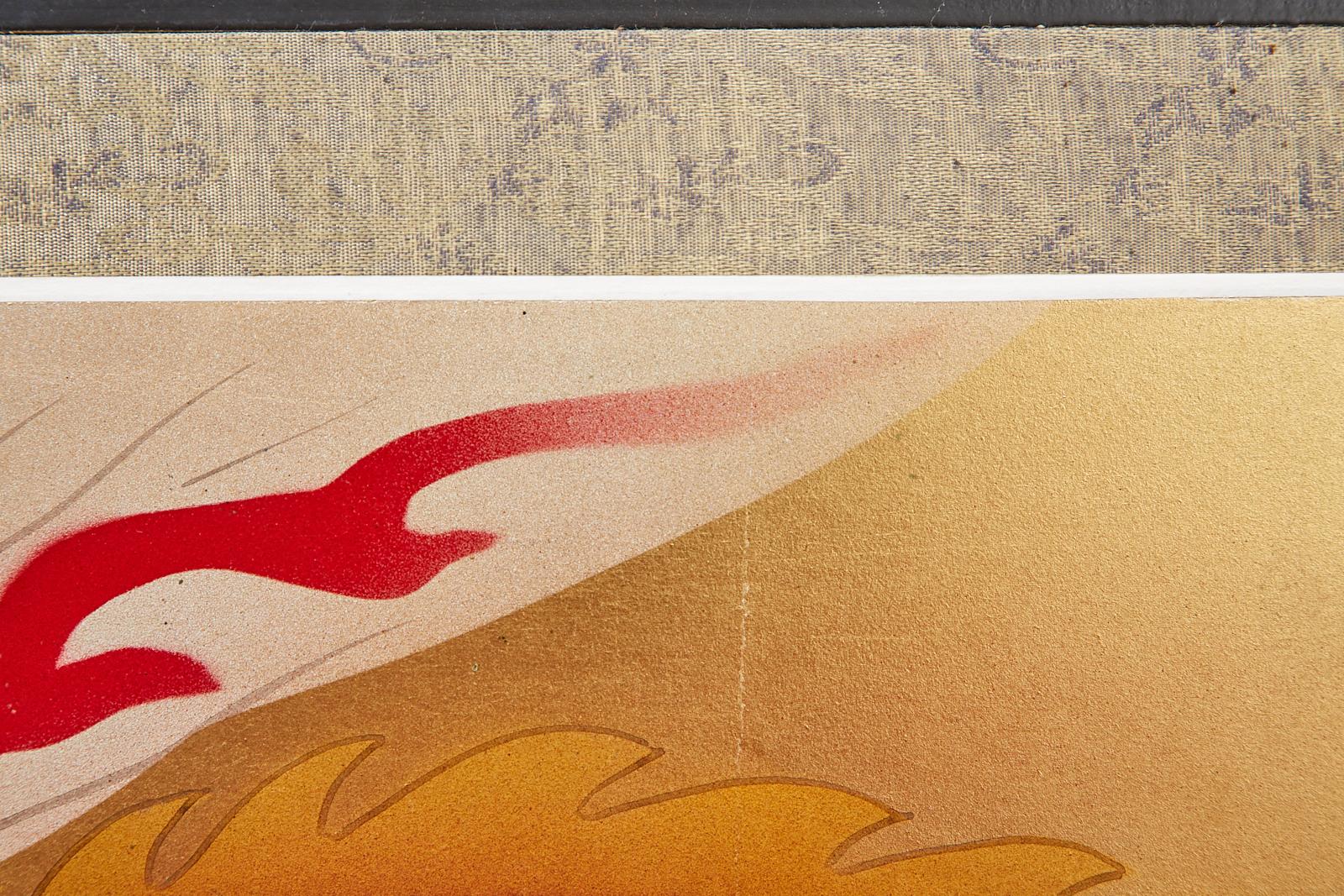 Japanese Four Panel Byobu Screen Dragon Chasing Flaming Sun 10