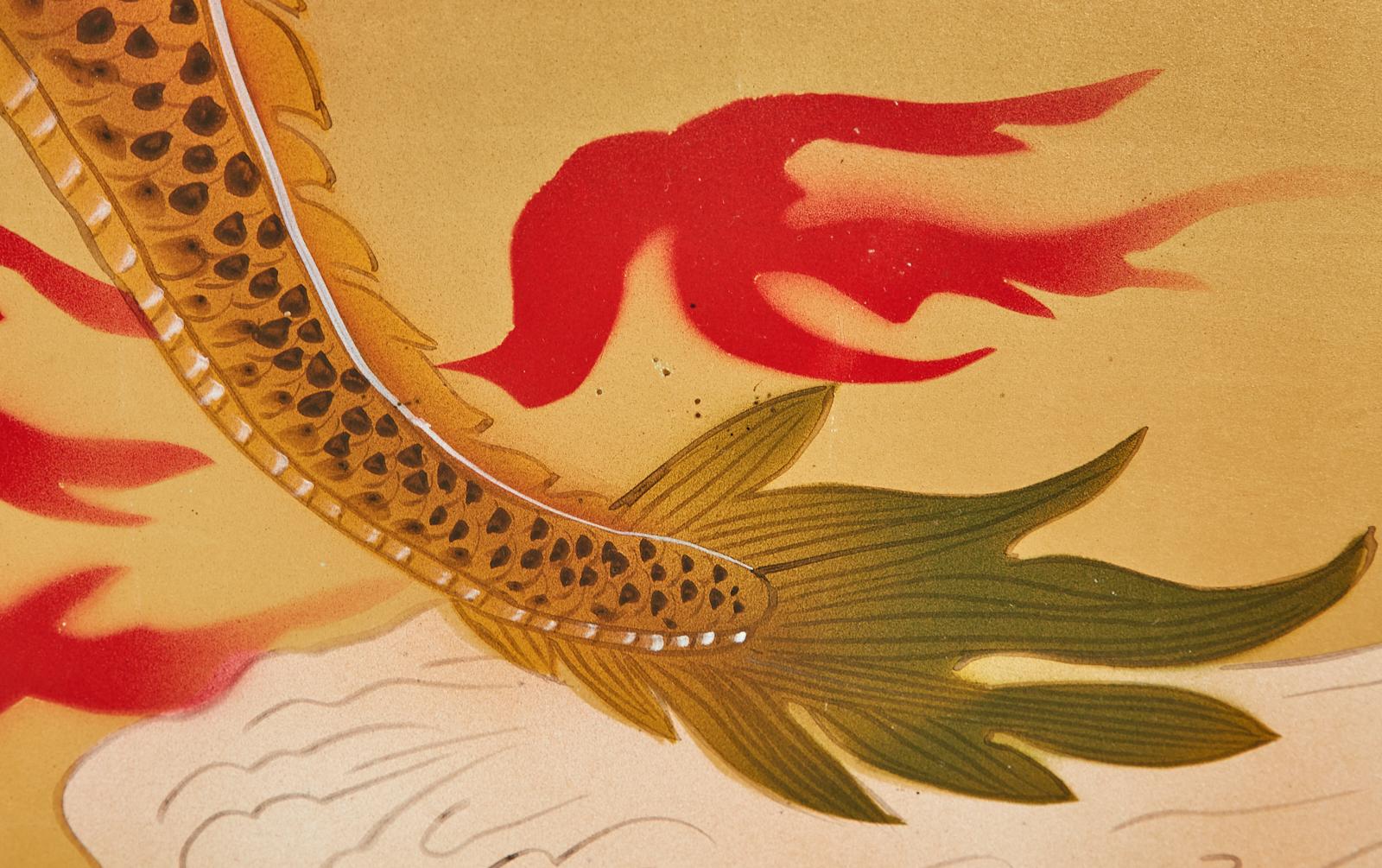 Japanese Four Panel Byobu Screen Dragon Chasing Flaming Sun 11