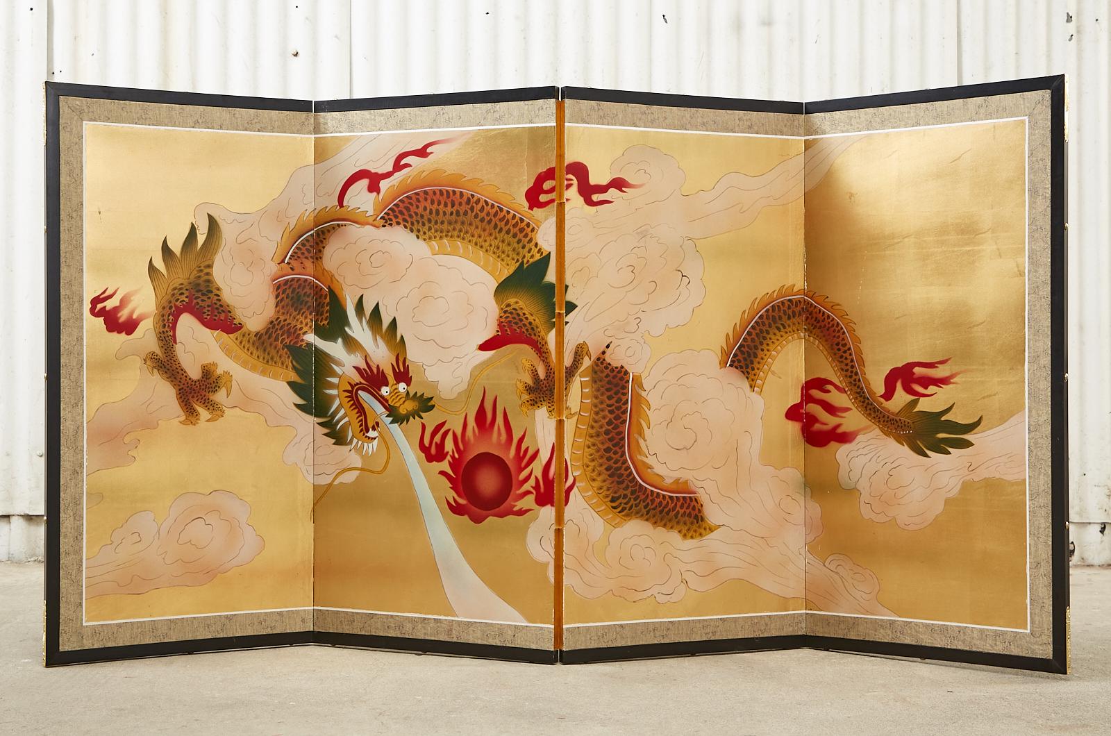 Hand-Crafted Japanese Four Panel Byobu Screen Dragon Chasing Flaming Sun