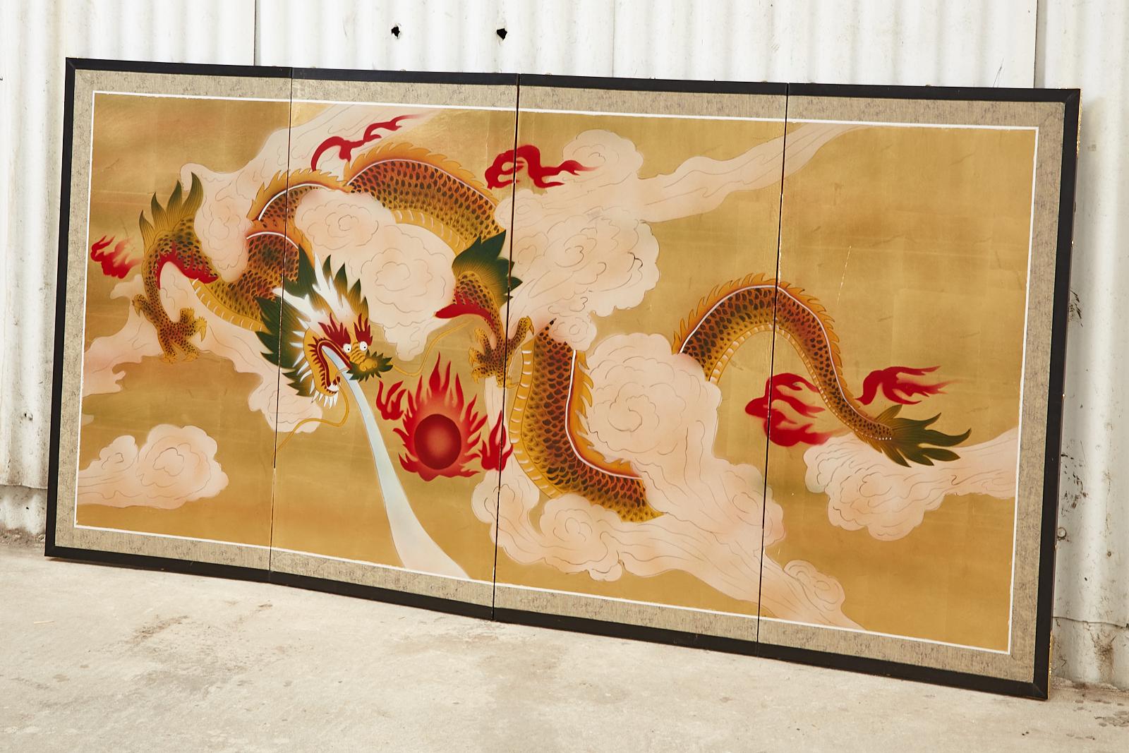 Japanese Four Panel Byobu Screen Dragon Chasing Flaming Sun In Good Condition In Rio Vista, CA
